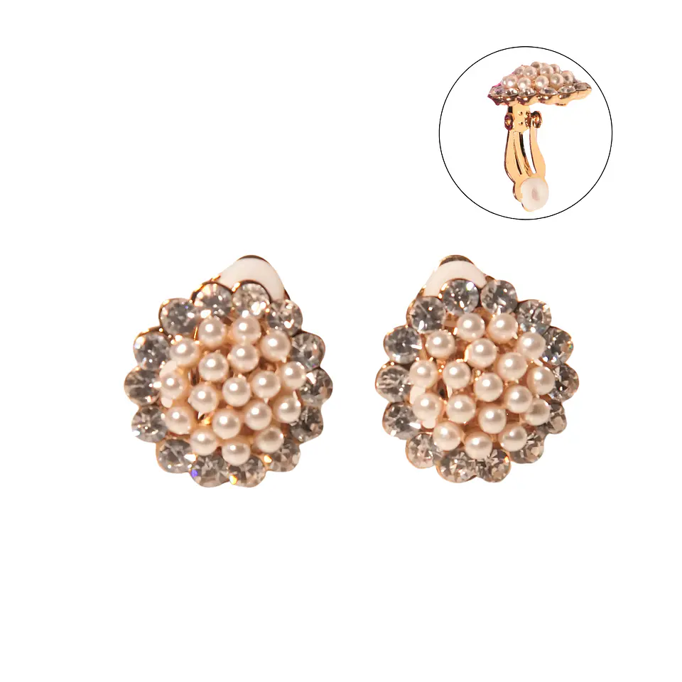 Aros perlas y zirconias sin perforacion bañado en oro 14k 1