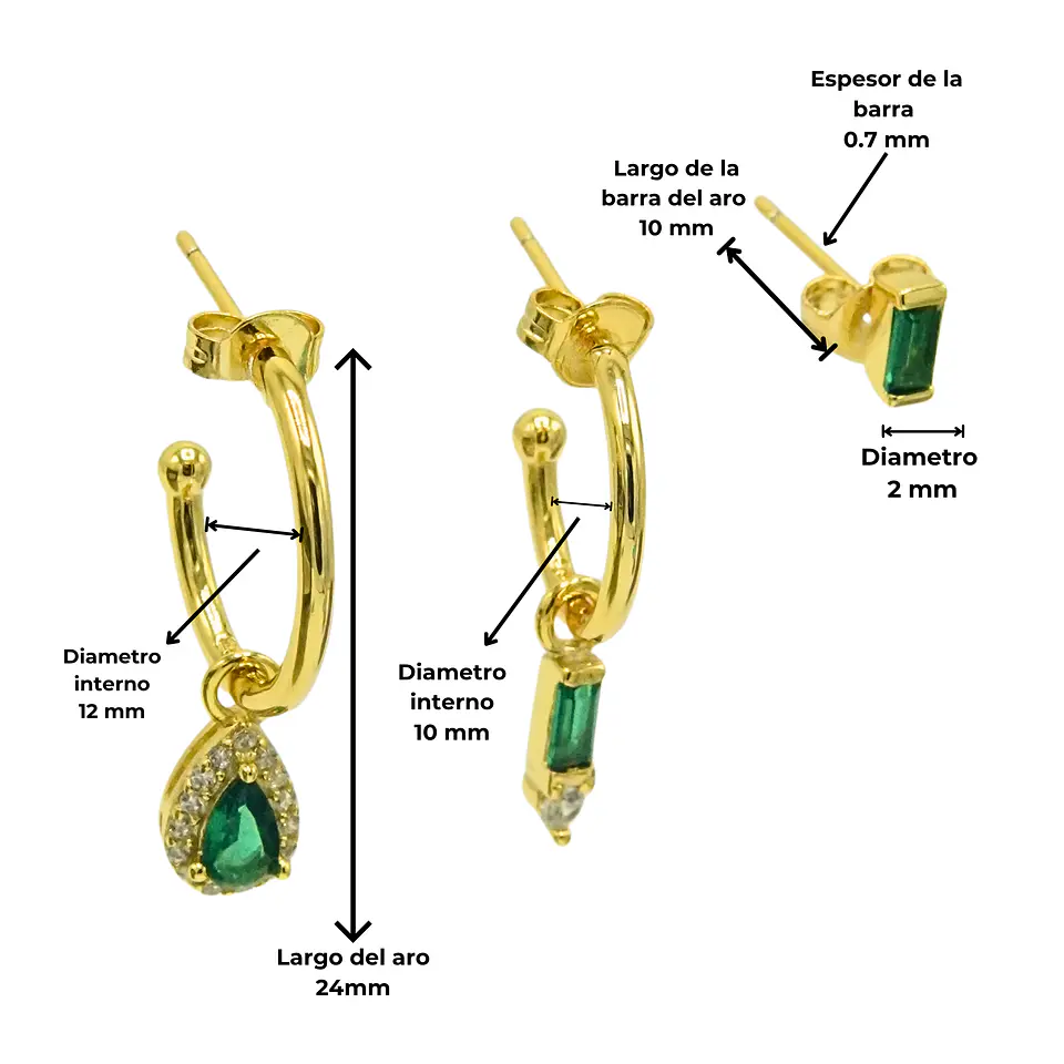 Pack de aros Diana zirconias verdes bañado en oro  5
