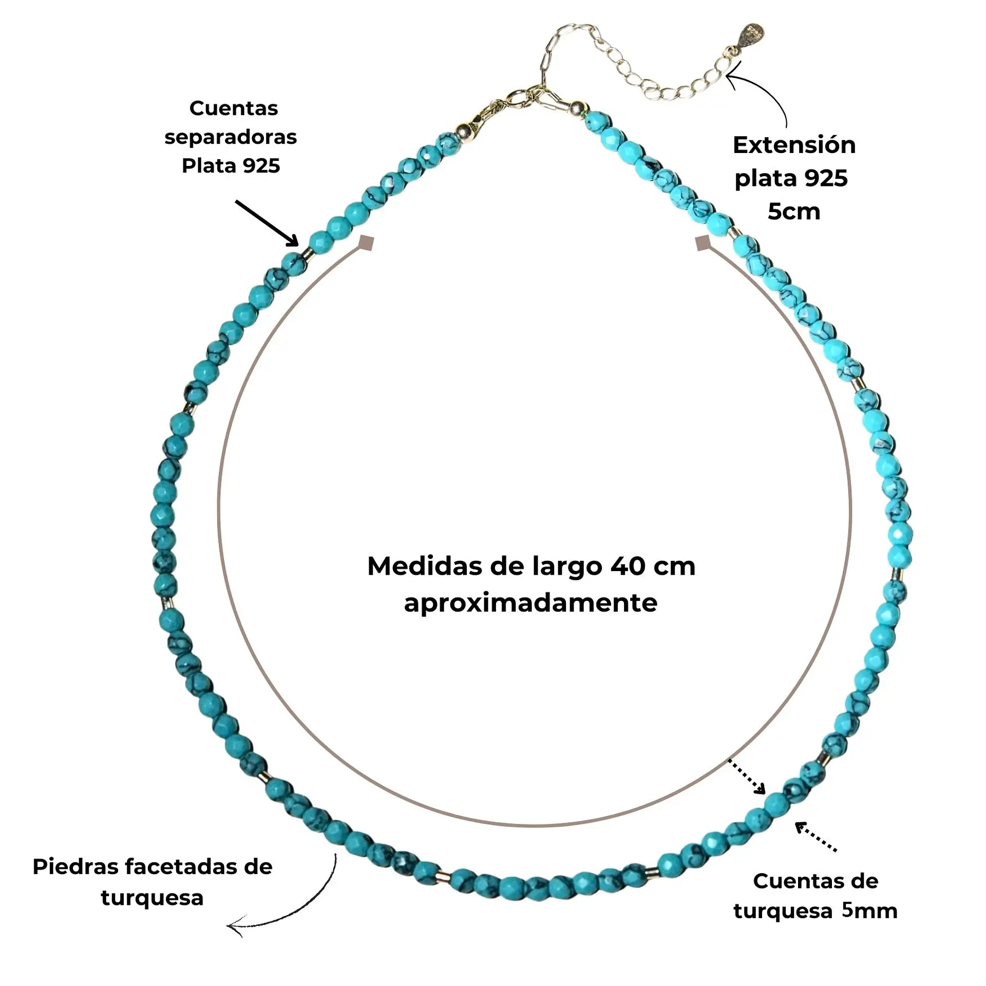 Collar gargantilla turquesa 5mm plata fina 925 Terranova 4