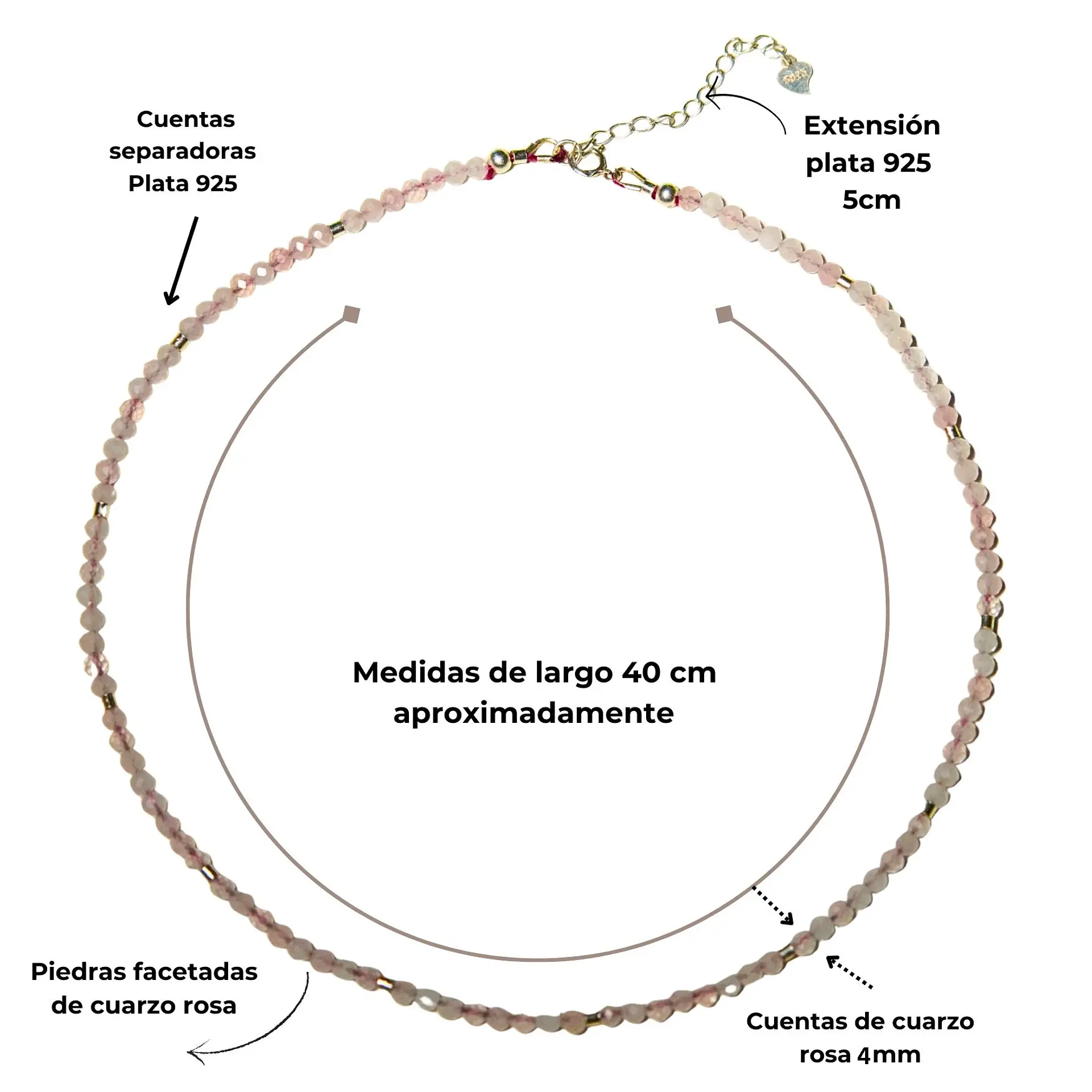 Collar gargantilla Cuarzo Rosa 4mm plata fina 925 Terranova 9