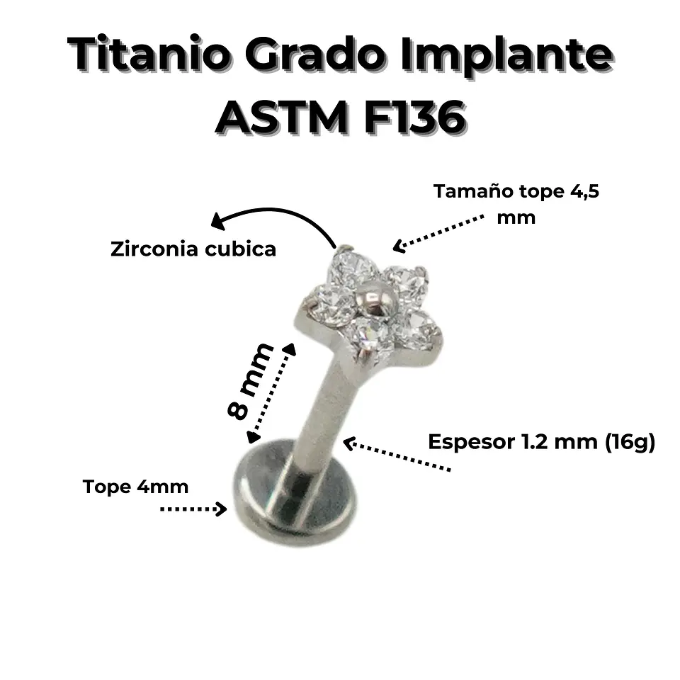 Piercing punto de luz flor titanio ASTM F136 plateado 3