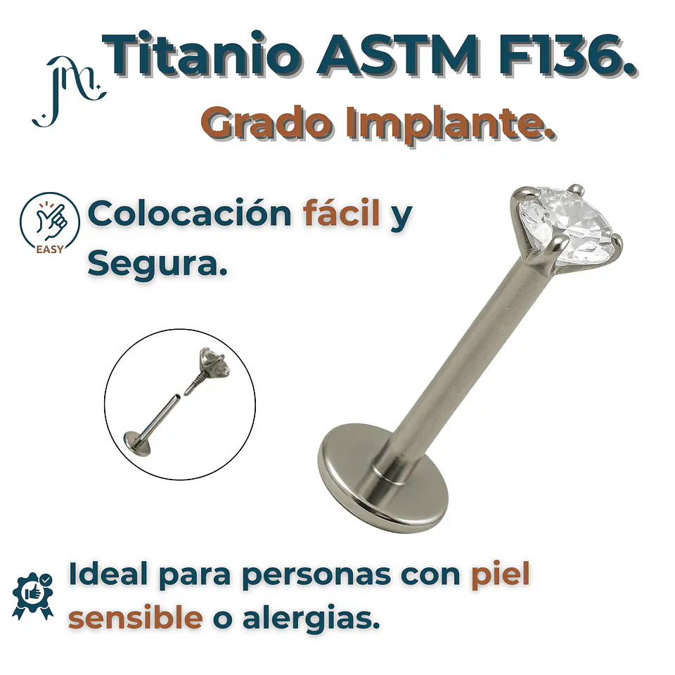 Piercing Labret Perno Tornillo 8mm Punto Luz Titanio Astm F136 5