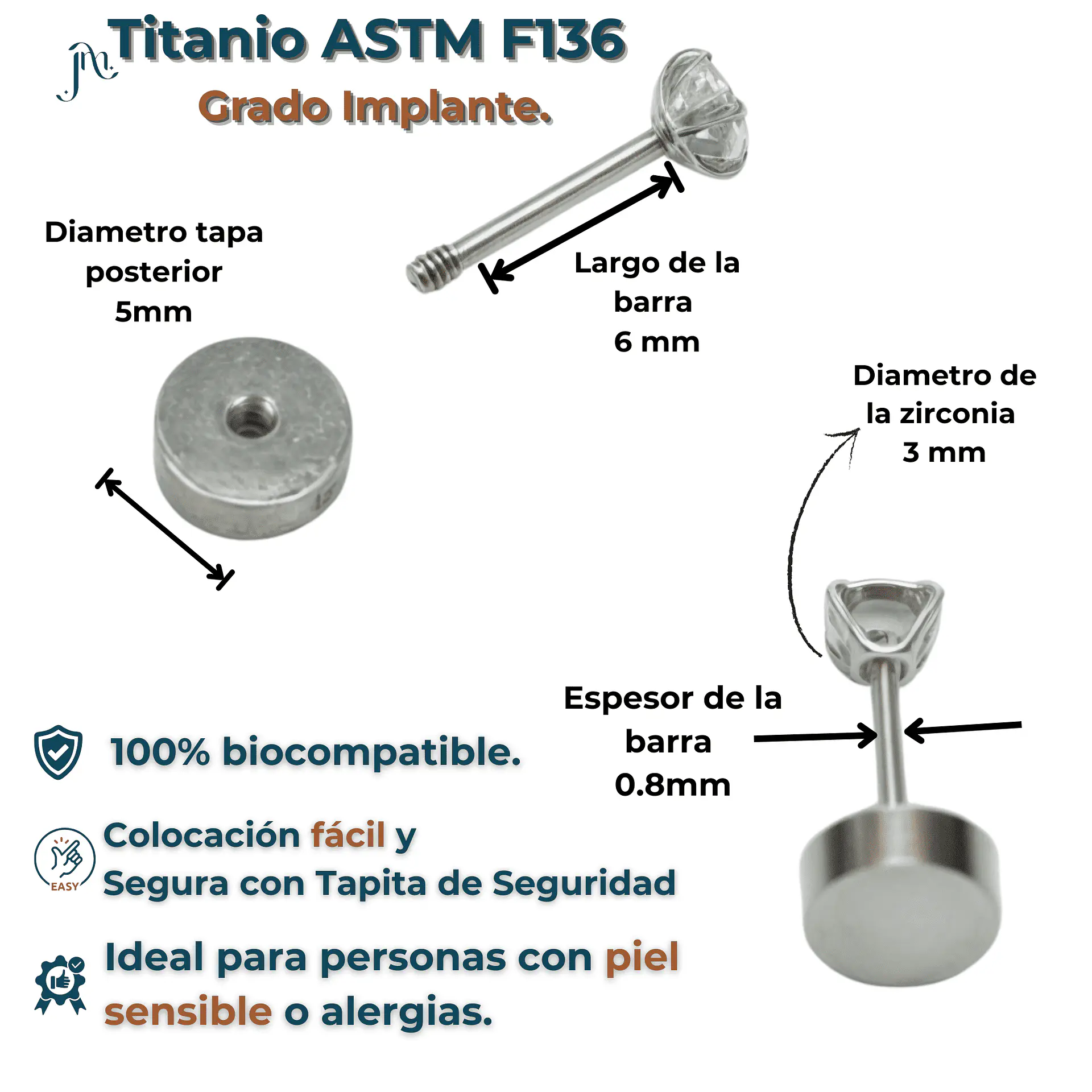 Aros punto de luz 3mm titanio tapa seguridad 20g  3