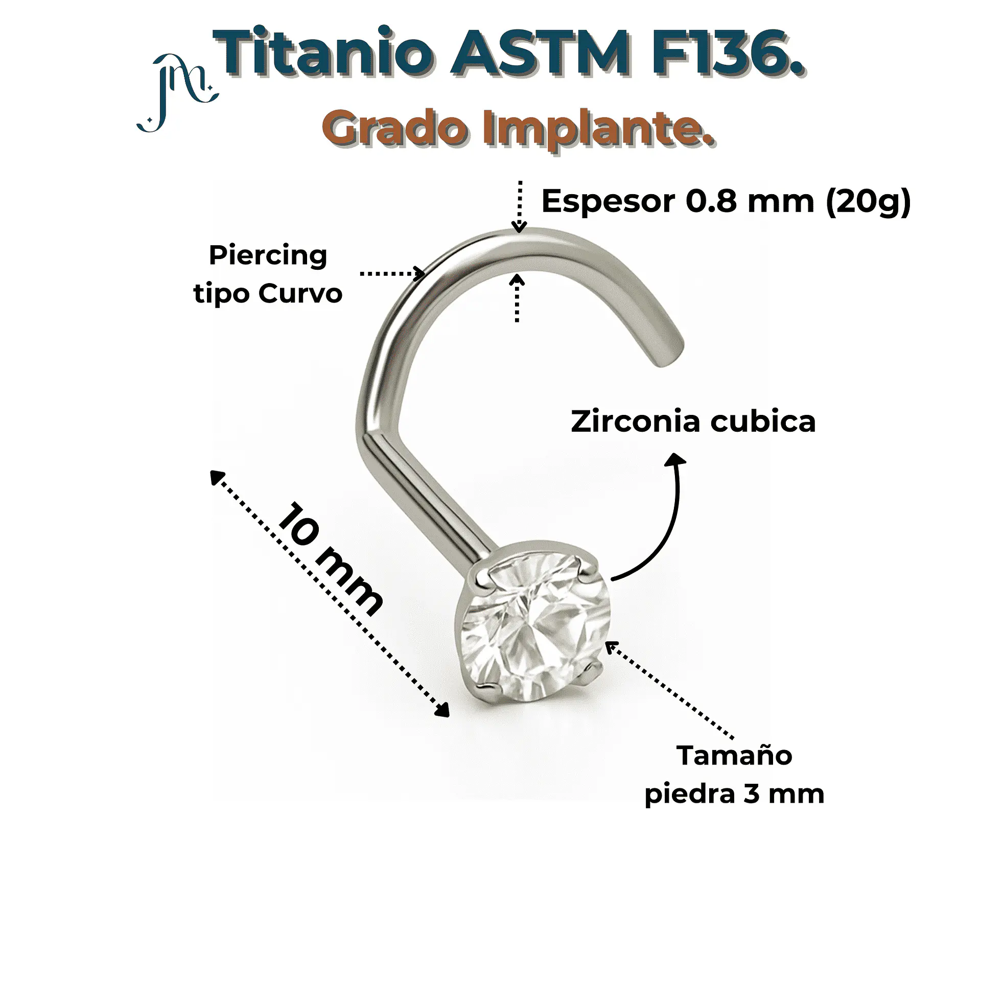 Piercing Nostril 3mm Tipo S Titanio Astm F136 20g Nariz 3