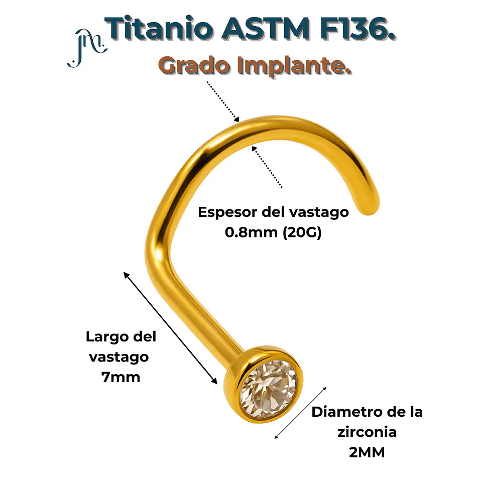 Piercing Nariz Nostril Tipo S Titanio ASTM F136 20G · Zirconia 2mm · Chapado en Oro 18k 2