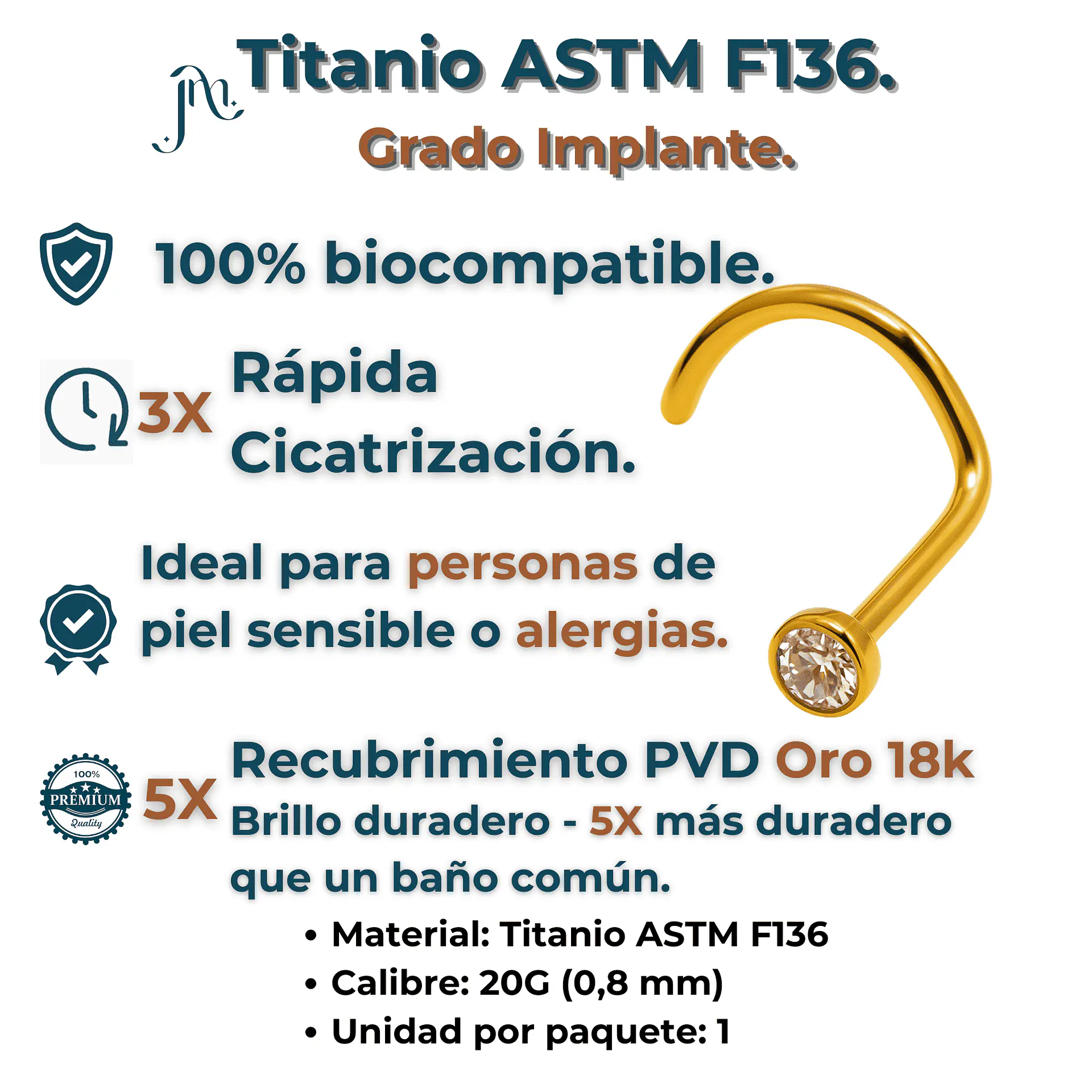 Piercing Nariz Nostril Tipo S Titanio ASTM F136 20G · Zirconia 2mm · Chapado en Oro 18k 3