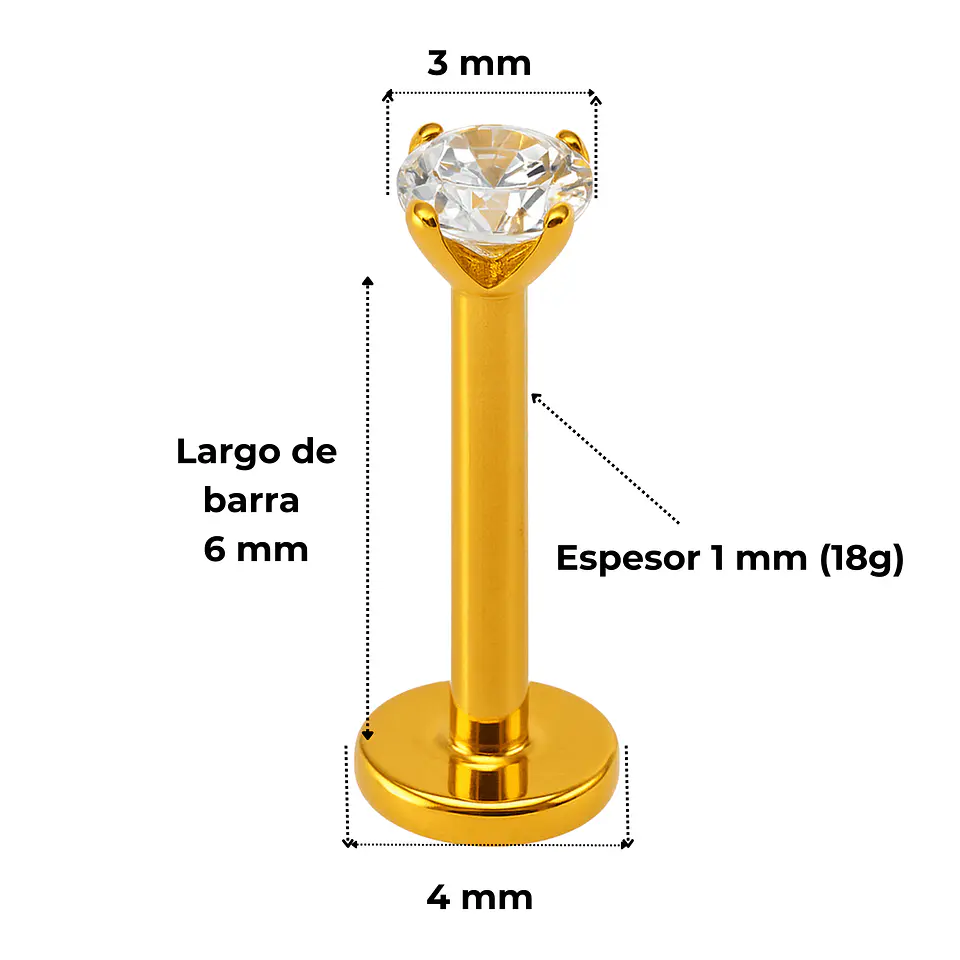 Piercing Labret Punto De Luz Titanio Astm F136 Chapado Oro 18k 3
