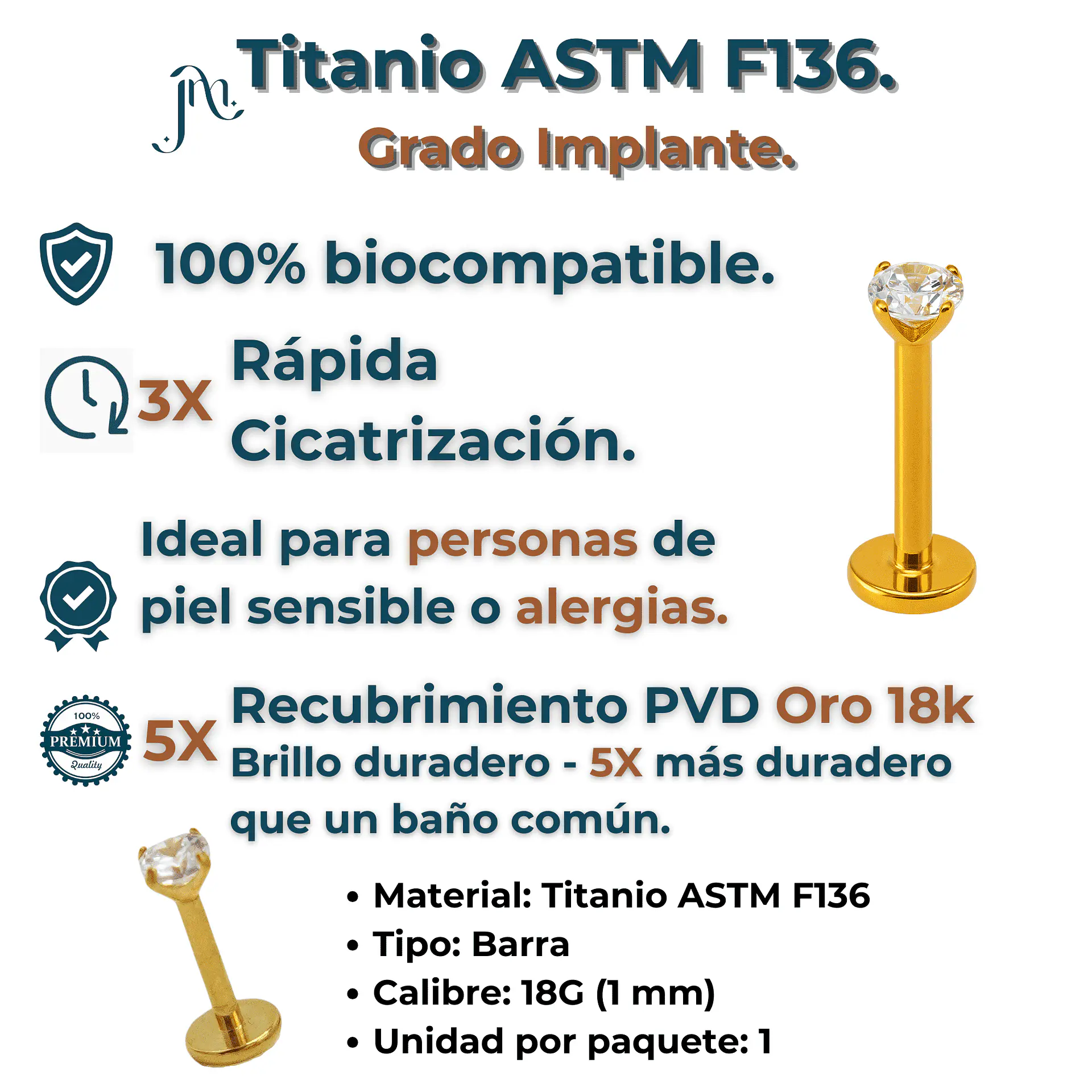 Piercing Labret Punto De Luz Titanio Astm F136 Chapado Oro 18k 4