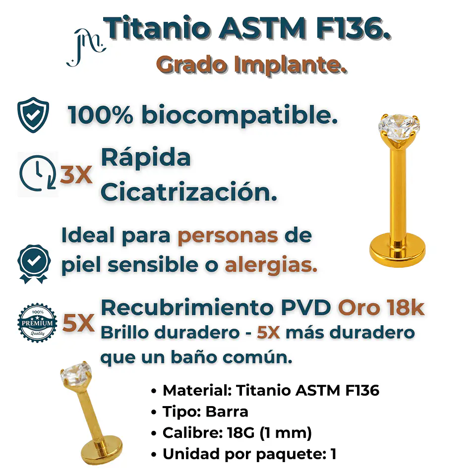 Piercing Labret Punto De Luz Titanio Astm F136 Chapado Oro 18k 4