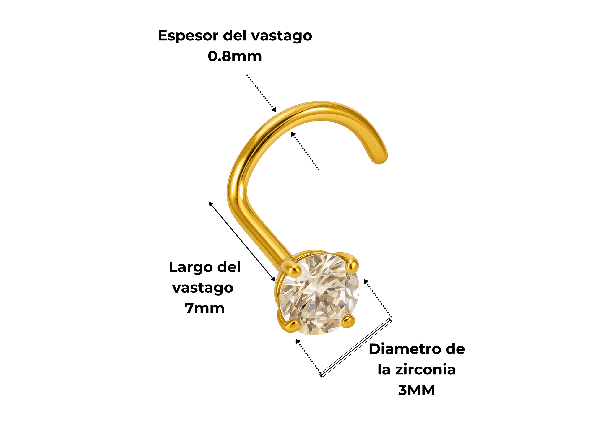 Piercing tipo S nostril 3mm titanio ASTM F136 chapado en oro 18k 3