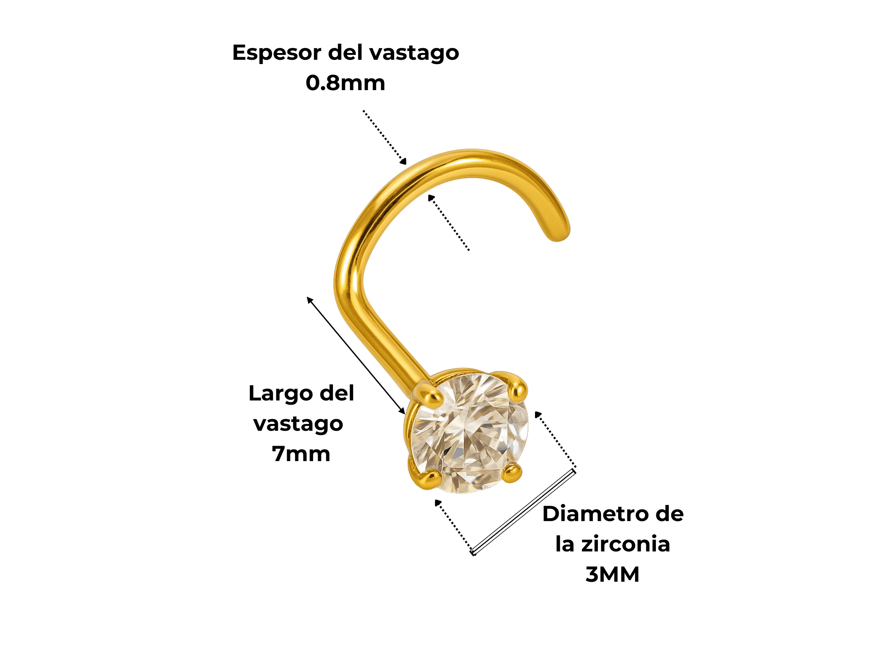 Piercing tipo S nostril 3mm titanio ASTM F136 chapado en oro 18k 3