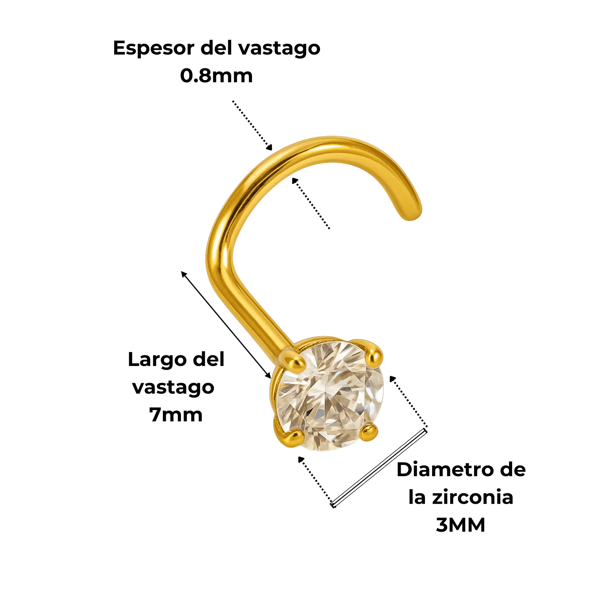 Piercing tipo S nostril 3mm titanio ASTM F136 chapado en oro 18k 3