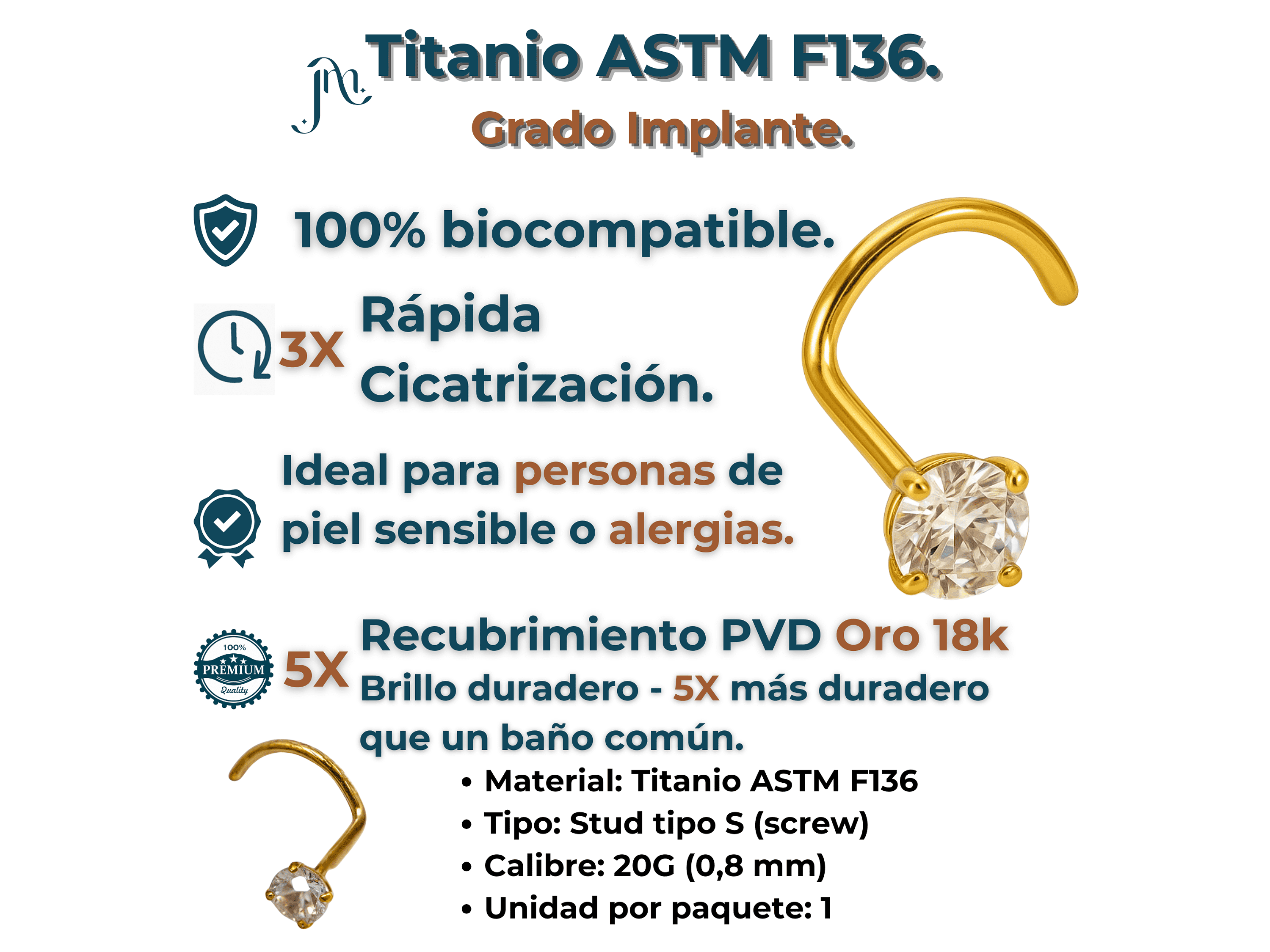 Piercing tipo S nostril 3mm titanio ASTM F136 chapado en oro 18k 2