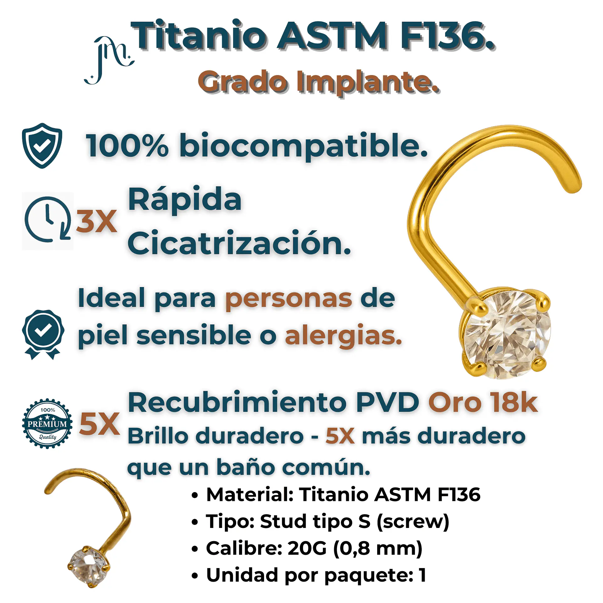 Piercing tipo S nostril 3mm titanio ASTM F136 chapado en oro 18k 2