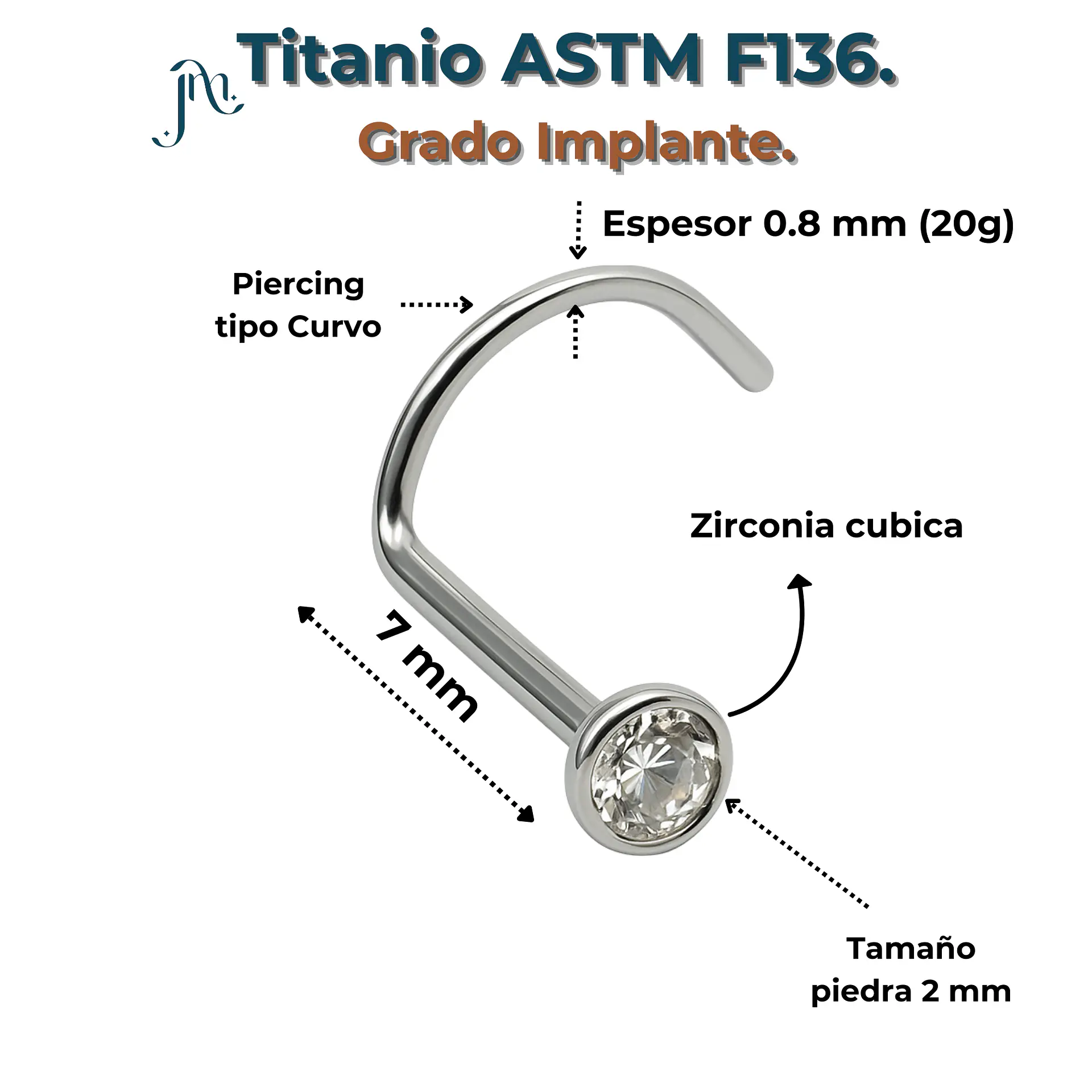 Piercing Nostril Tipo S Titanio Astm F136 20g Nariz 2mm 3