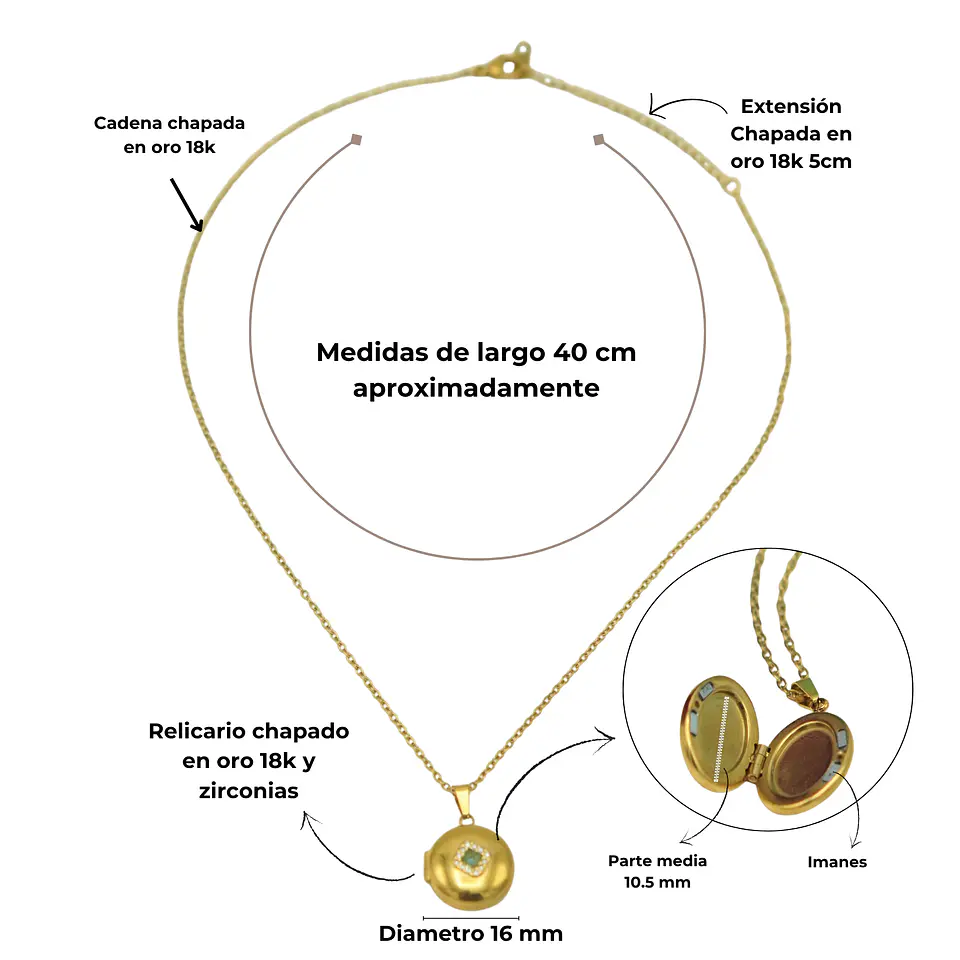 Relicario Alicia cierre magnetico zirconia verde chapado en oro 18k 4