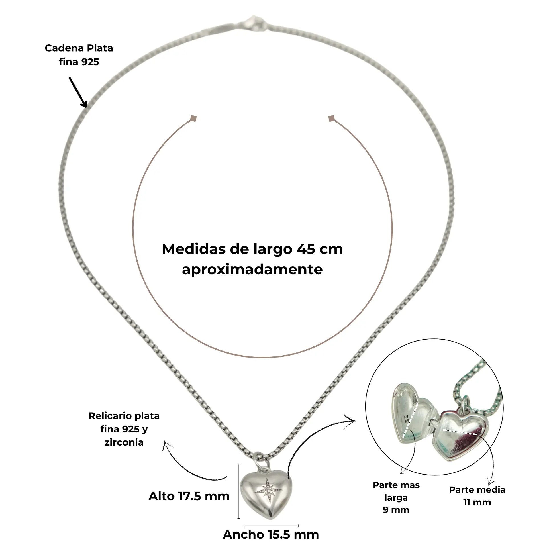 Colgante relicario corazon estrella plata fina 925 4