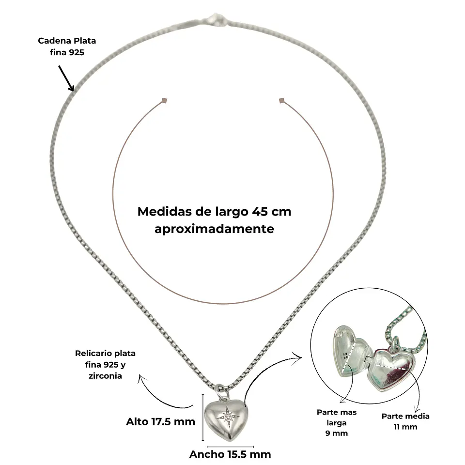 Colgante relicario corazon estrella plata fina 925 4
