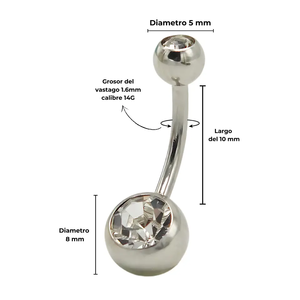 Piercing Ombligo 14G navel plateado 10mm  Titanio ASTM F136 3