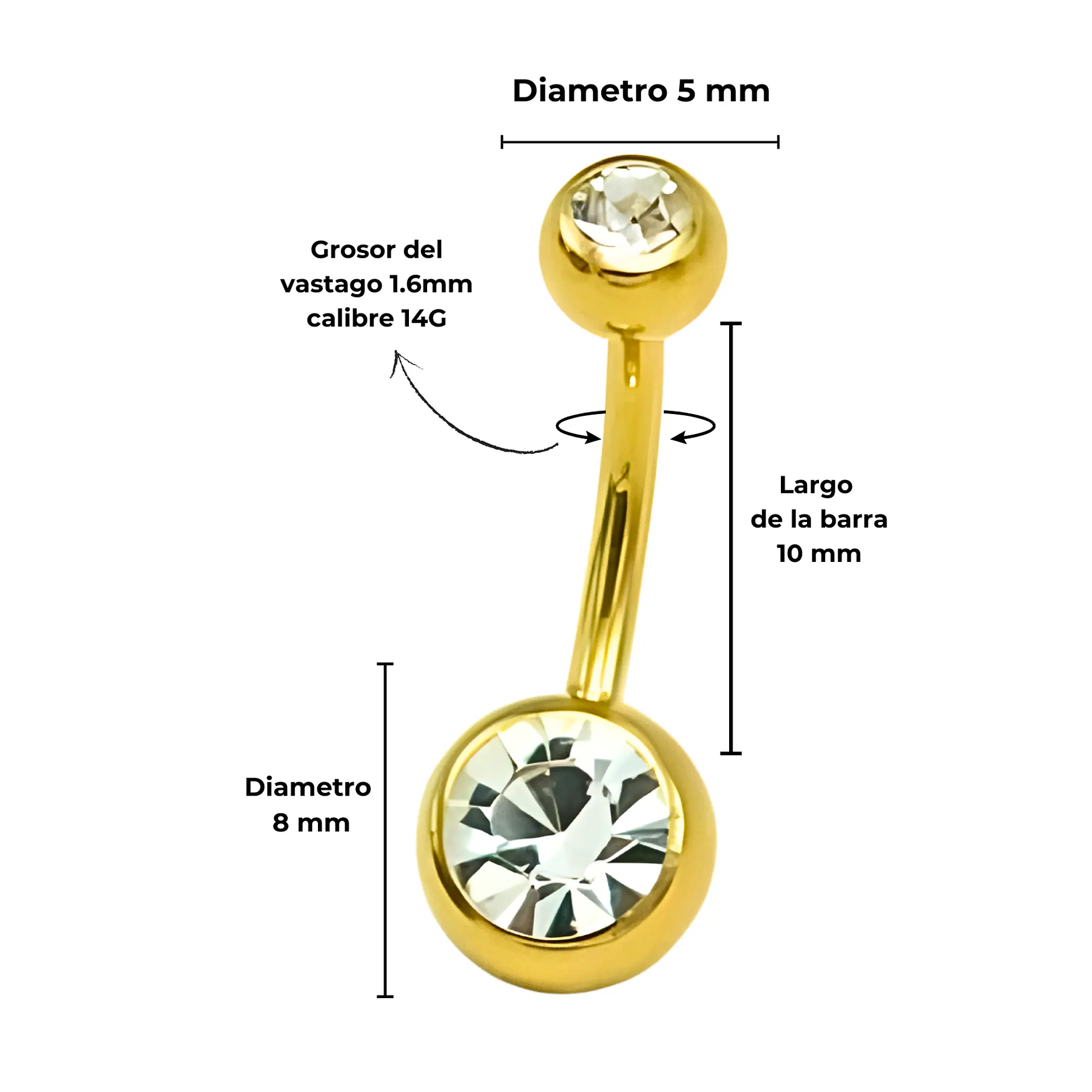 Piercing ombligo navel 14G 10mm Titanio ASTM 136 chapado en oro 18k 3