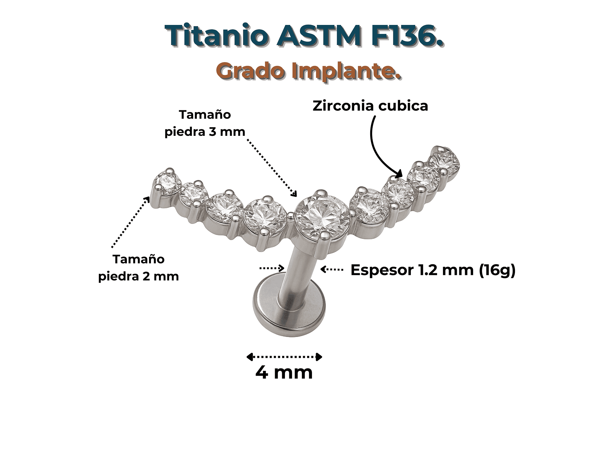 Piercing Labret Astm F136 Titanio Zirconia Trepador 4