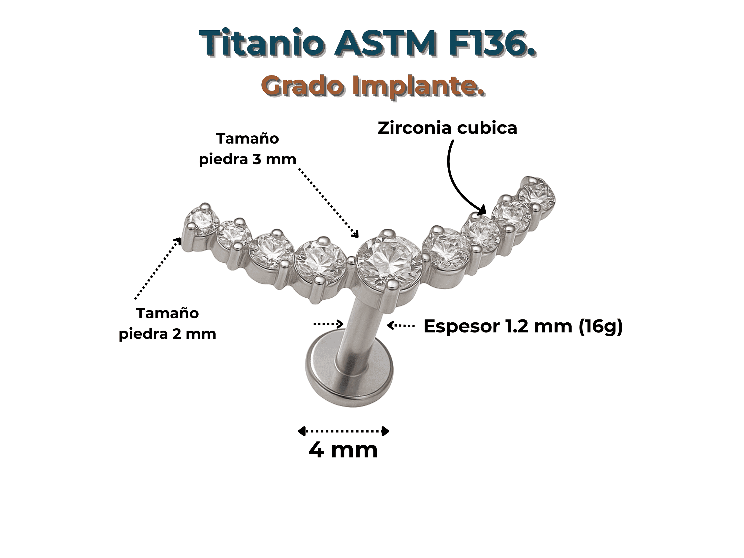 Piercing Labret Astm F136 Titanio Zirconia Trepador 4