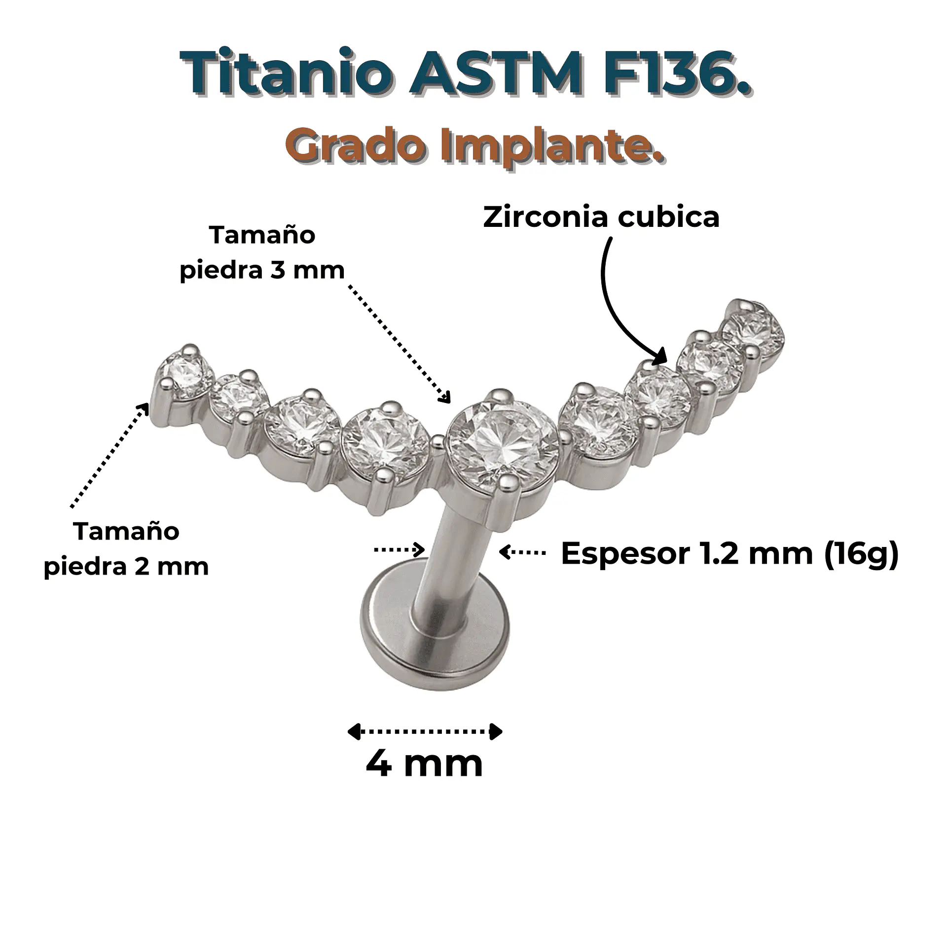 Piercing Labret Lucilla Astm F136 Titanio Zirconia 6mm 6
