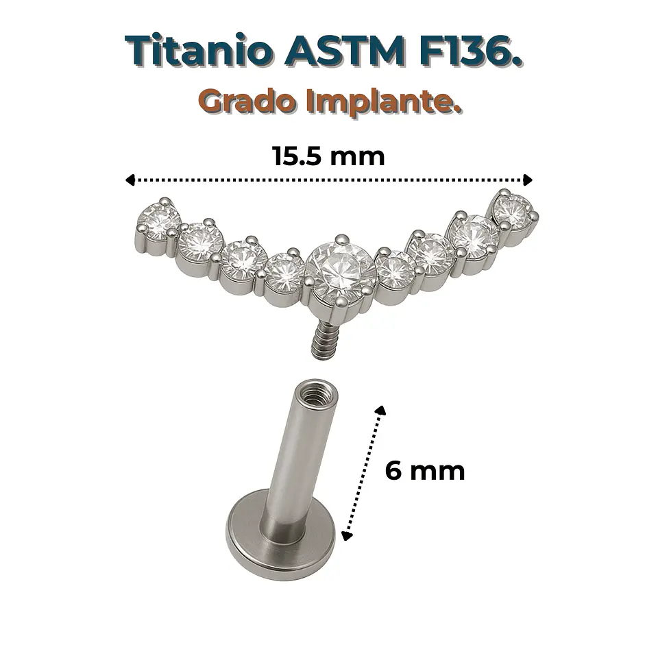 Piercing Labret Lucilla Astm F136 Titanio Zirconia 6mm 3