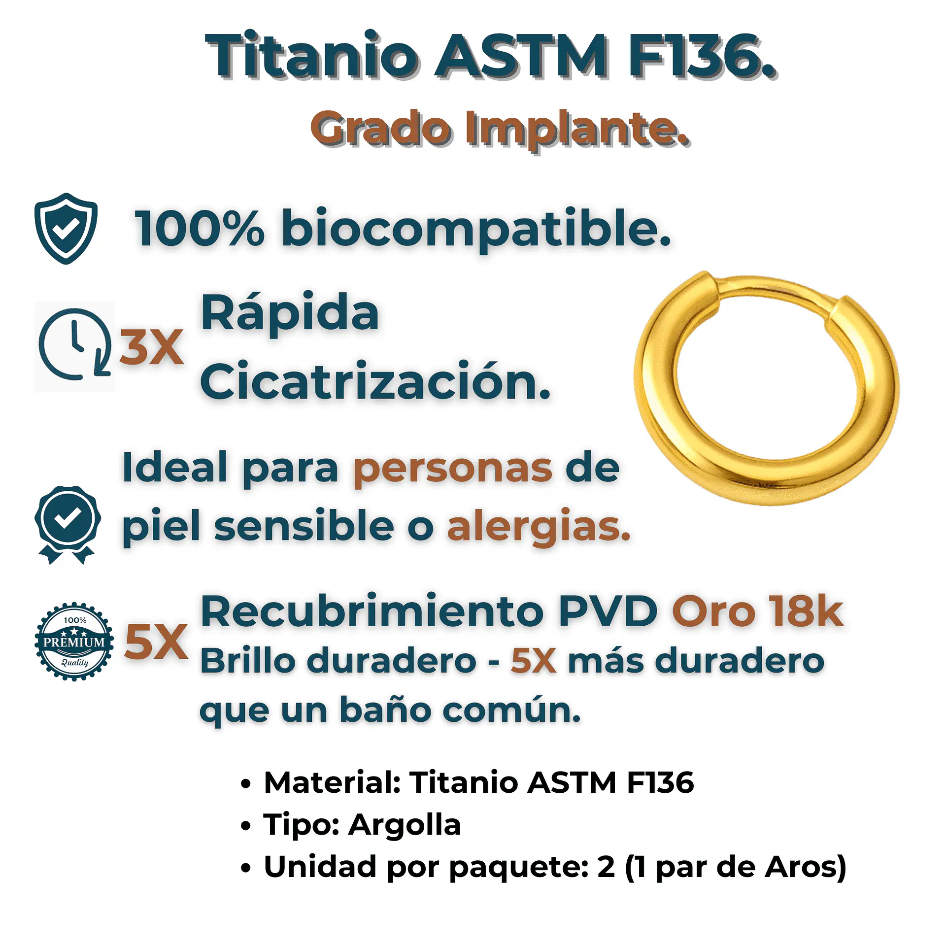 Argollas Lisas Aura 6mm Aros Titanio Astm F136 Chapada En Oro 18k 4