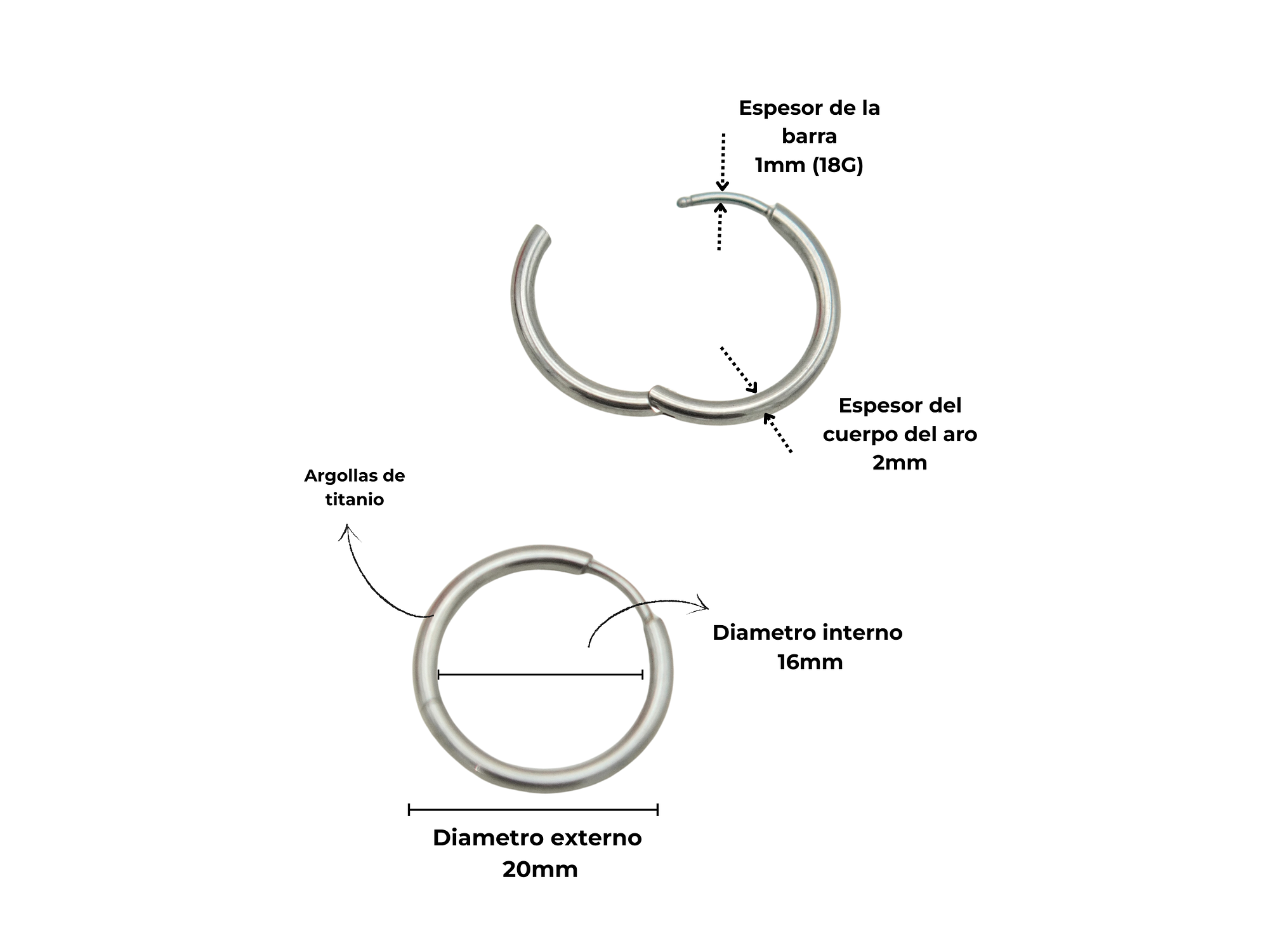 Argollas finas lisas 16mm Titanio ASTM F136 4
