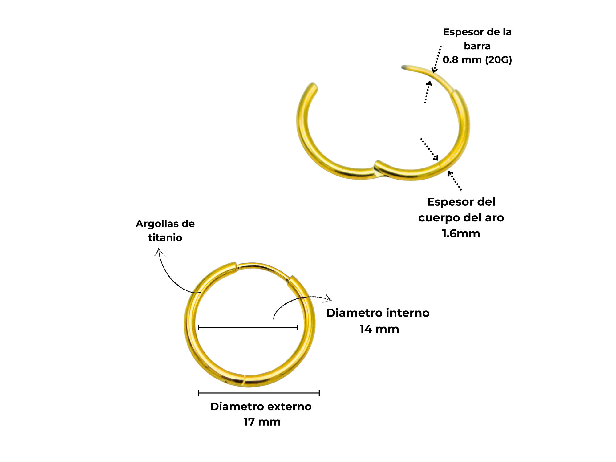 Argollas lisas minimalistas 14mm chapadas en oro 18k titanio ASTM F136 4
