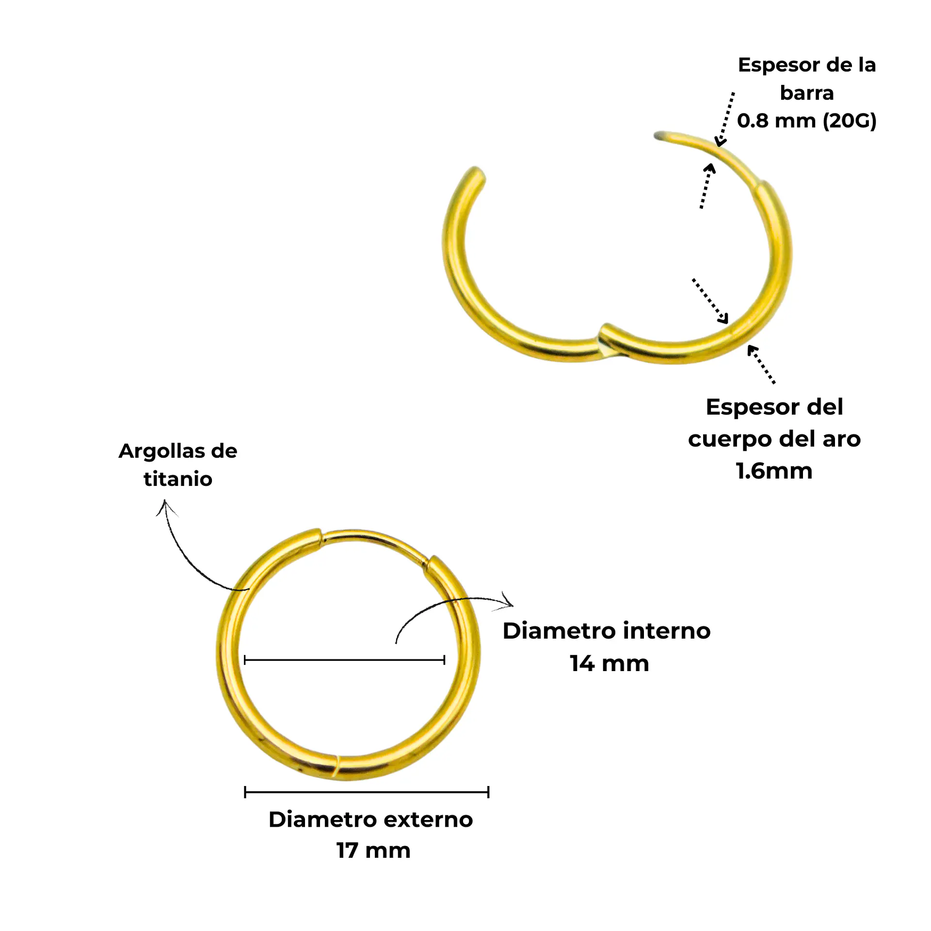 Argollas lisas Aura 14mm chapadas en oro 18k titanio ASTM F136 4