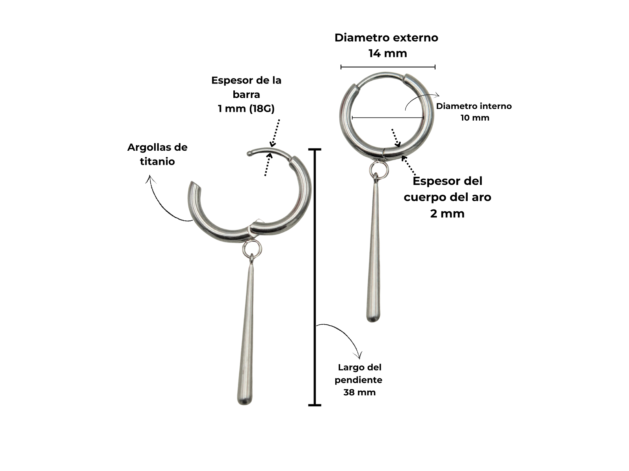 Argollas largas plateadas Zora 10mm  titanio ASTM F136 4