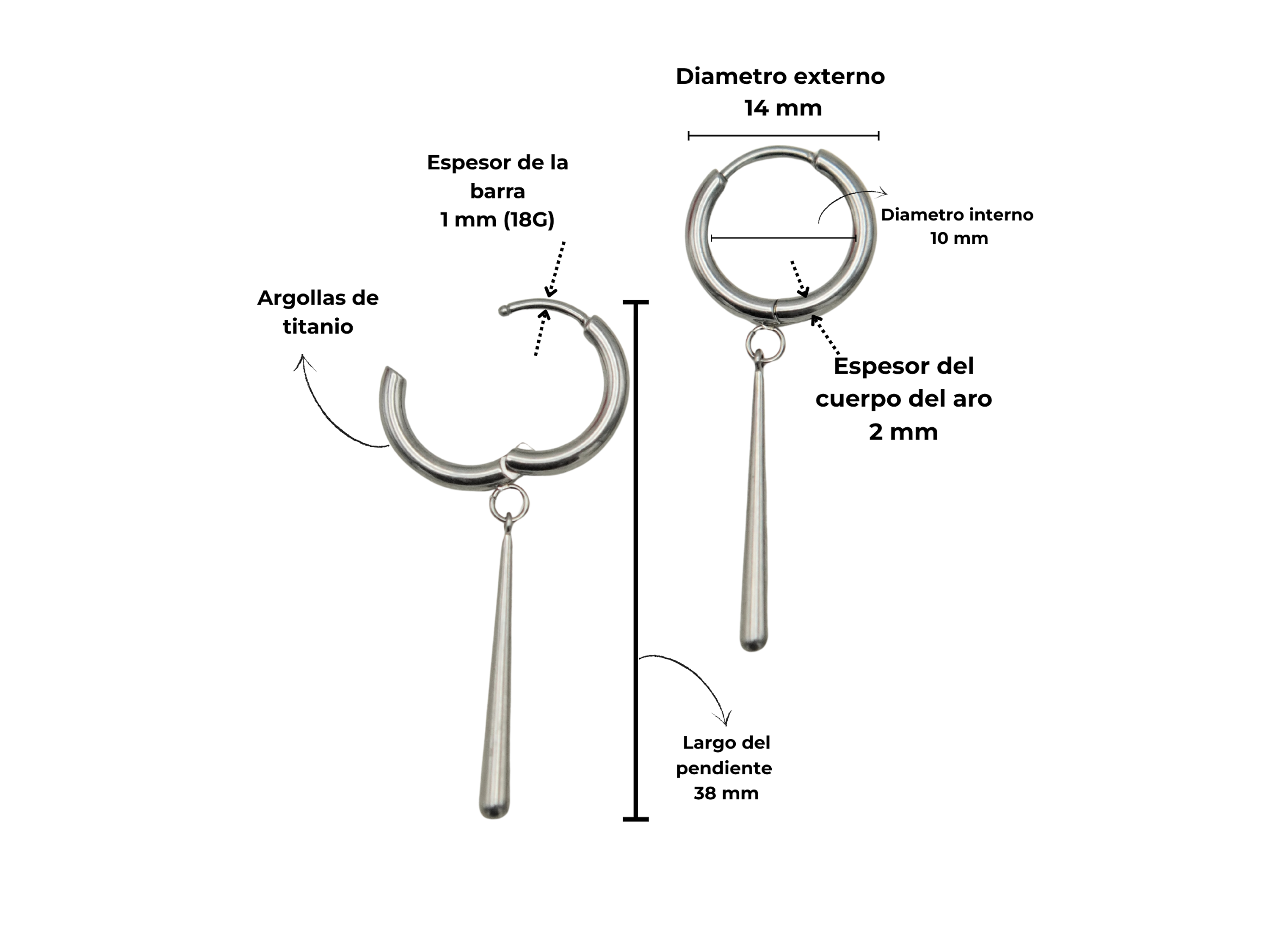 Argollas largas plateadas Zora 10mm  titanio ASTM F136 4
