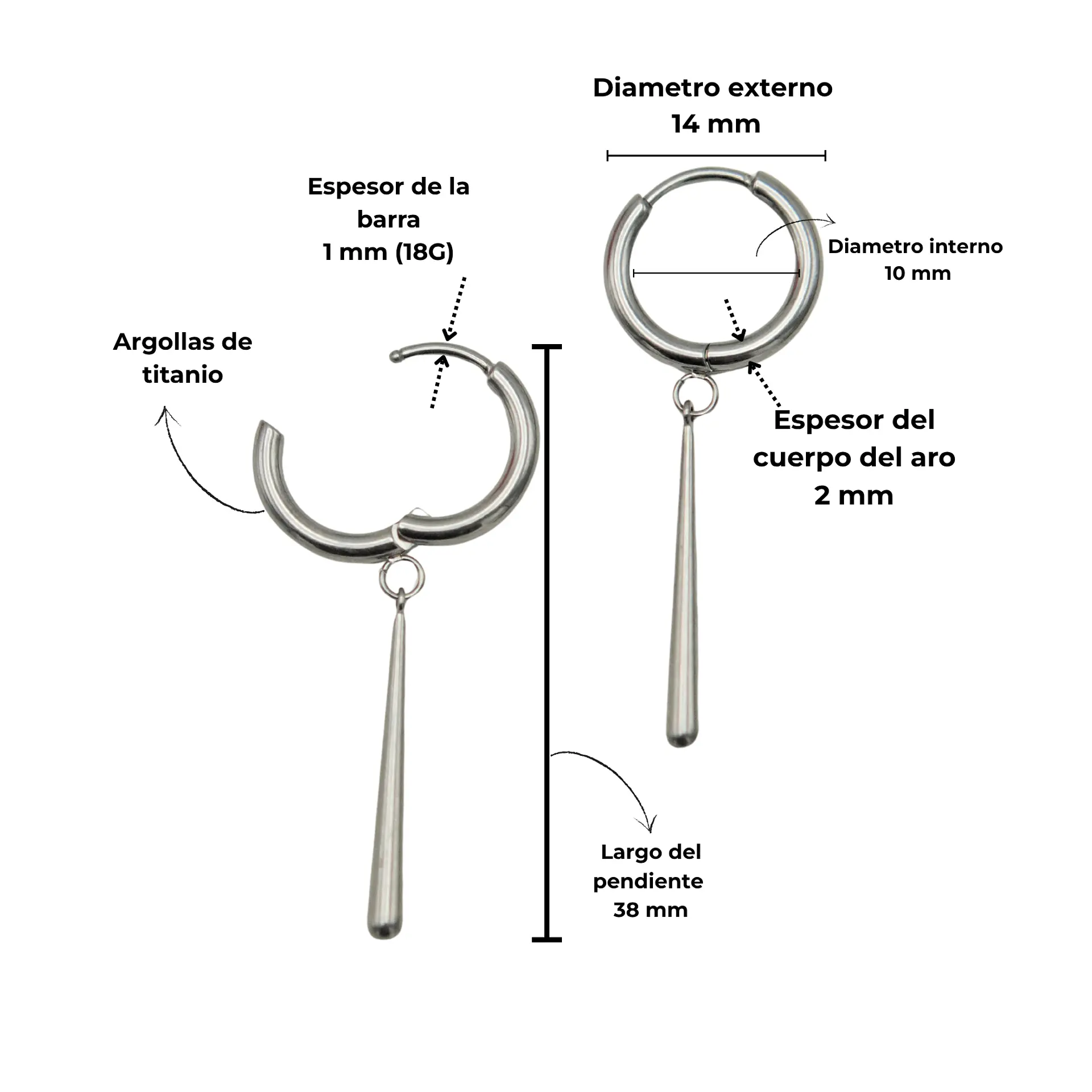 Argollas largas plateadas Zora 10mm  titanio ASTM F136 4