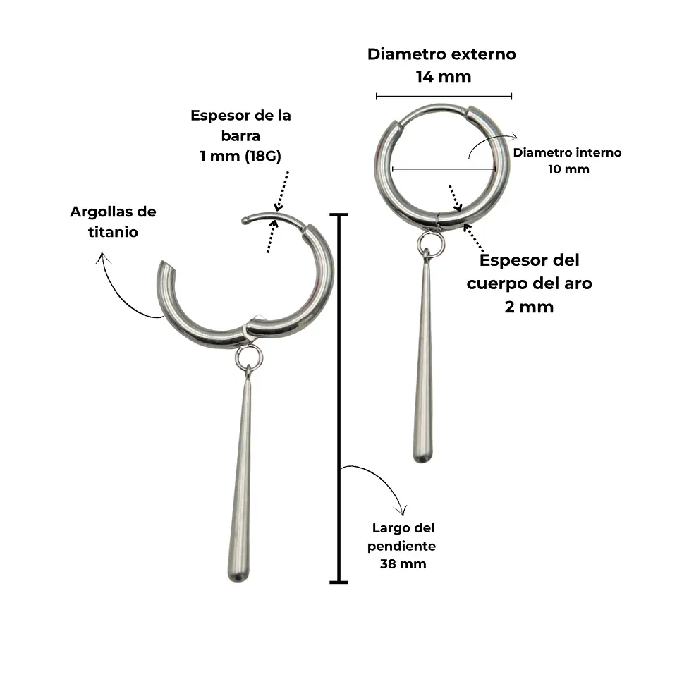 Argollas largas plateadas Zora 10mm  titanio ASTM F136 4