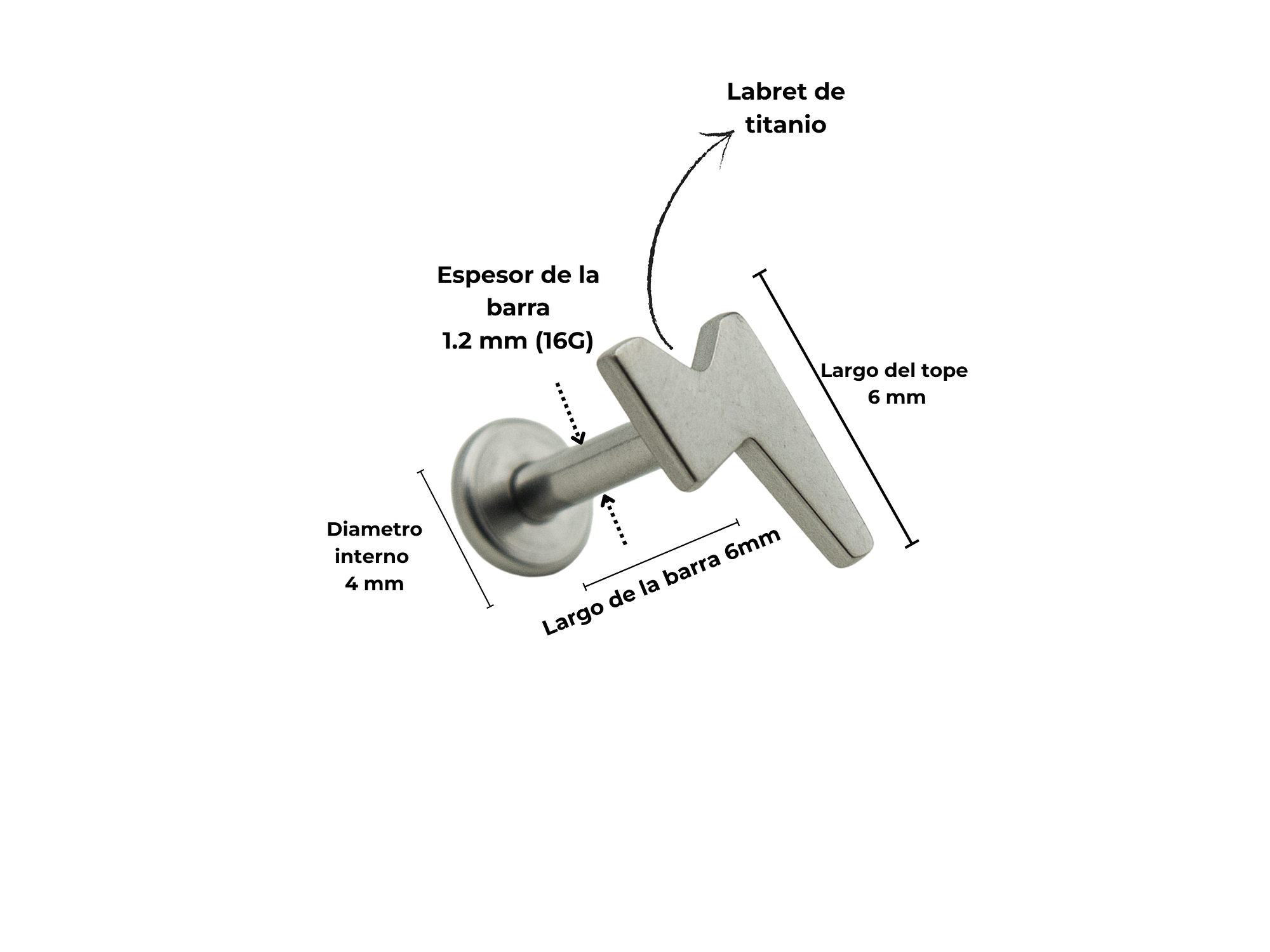 Piercing labret rayo barra 6mm 16G titanio ASTM F136 4