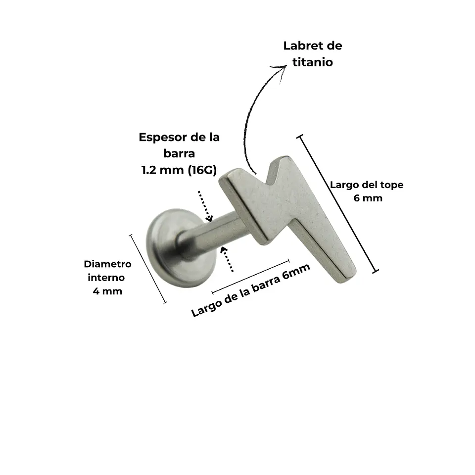 Piercing labret rayo barra 6mm 16G titanio ASTM F136 4