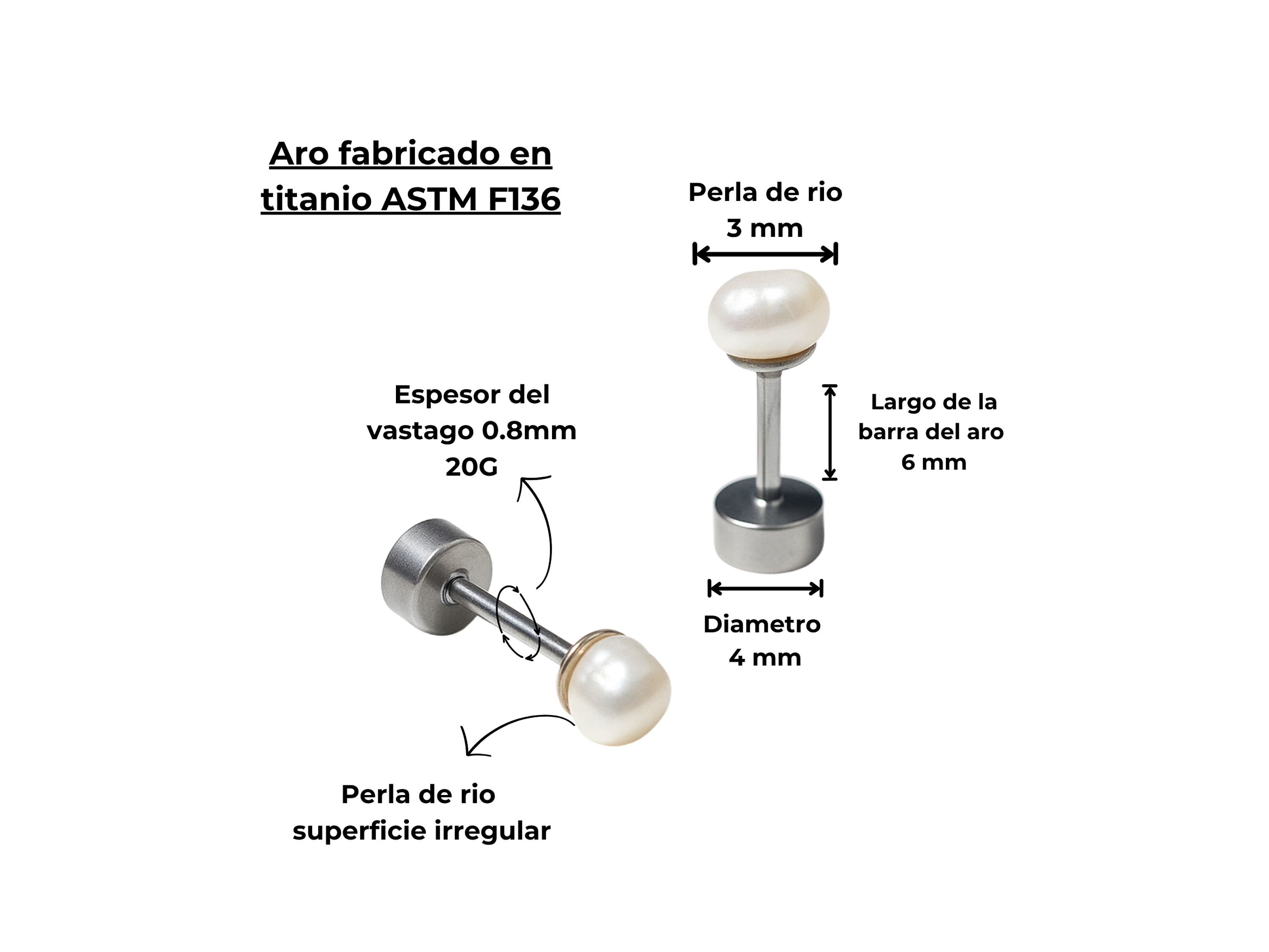 Aros Marisa perlas de rio 3mm titanio ASTM F136 Riviere 4