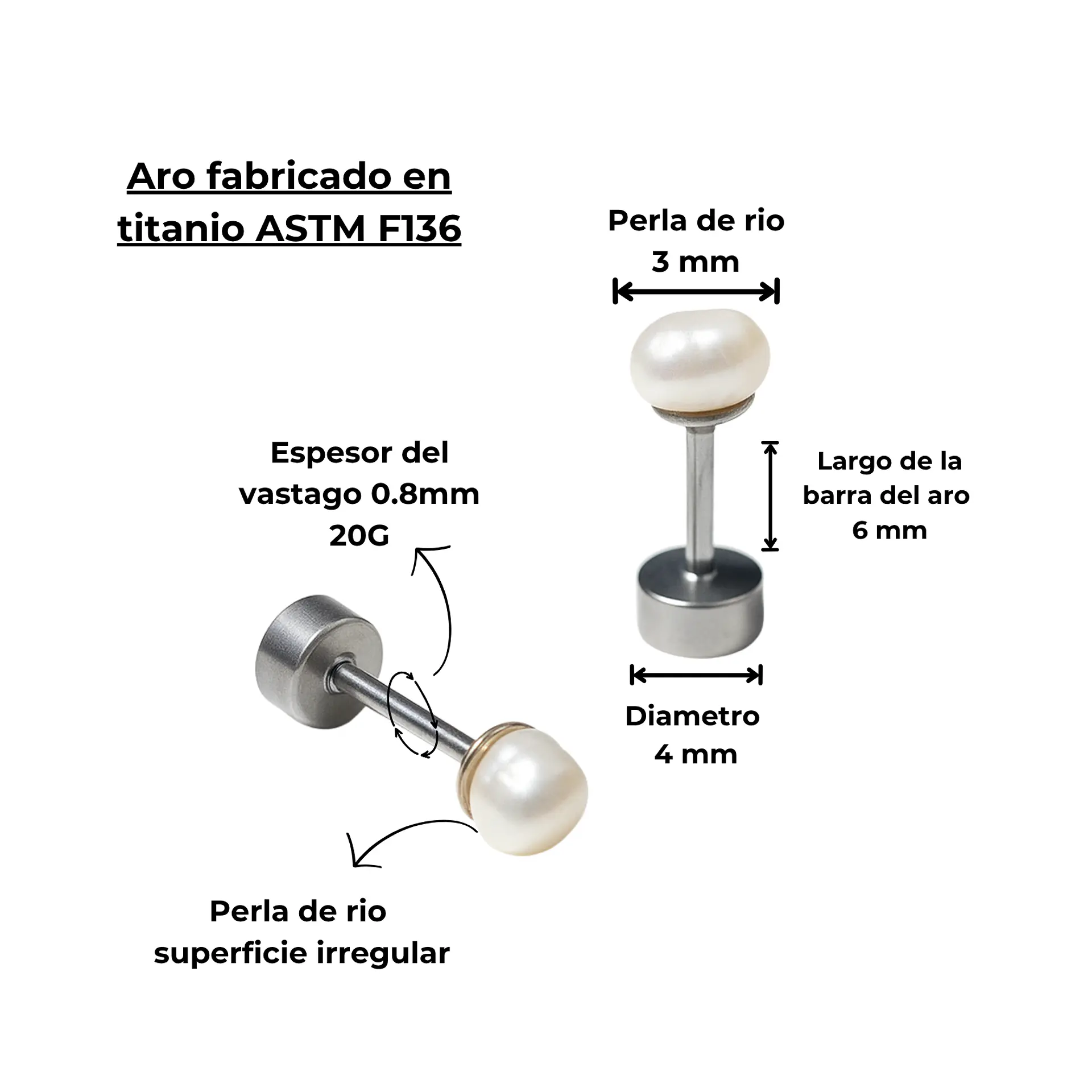 Aros Marisa perlas de rio 3mm titanio ASTM F136 Riviere 4