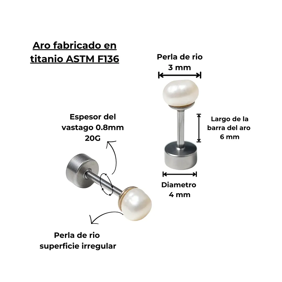 Aros Marisa perlas de rio 3mm titanio ASTM F136 Riviere 4