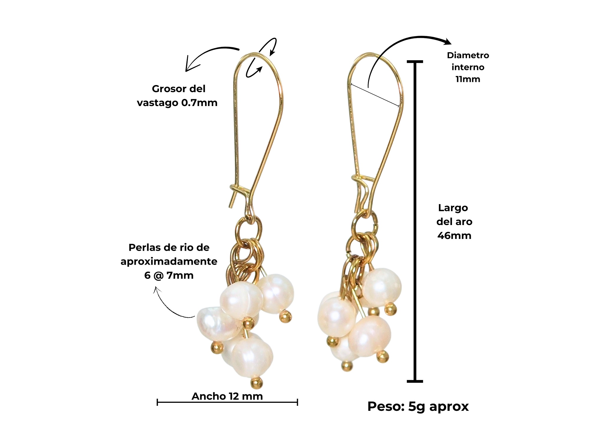 Aros largos ramillete Marella perlas de rio chapada en oro 18k Riviere 4