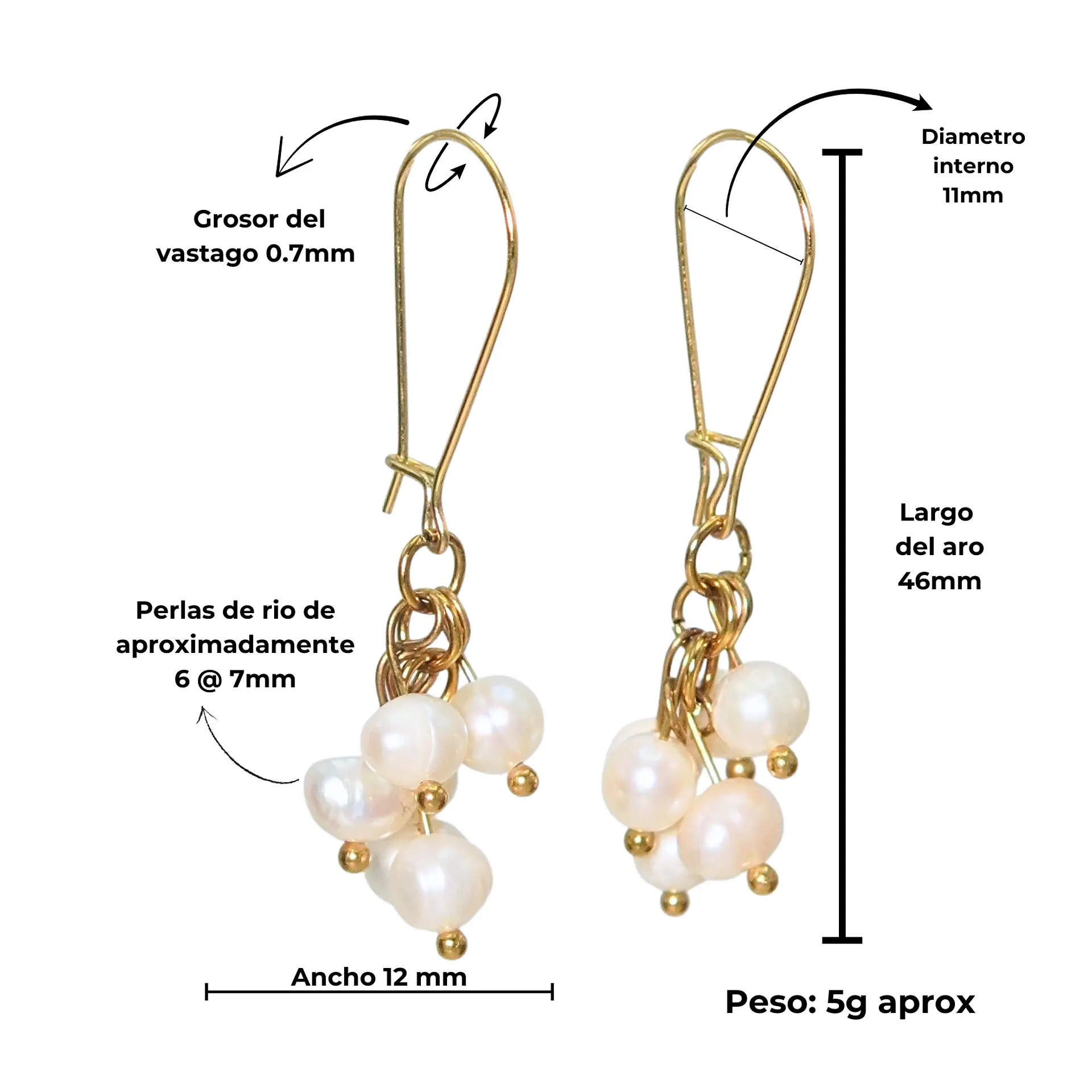 Aros largos ramillete Marella perlas de rio chapada en oro 18k Riviere 4