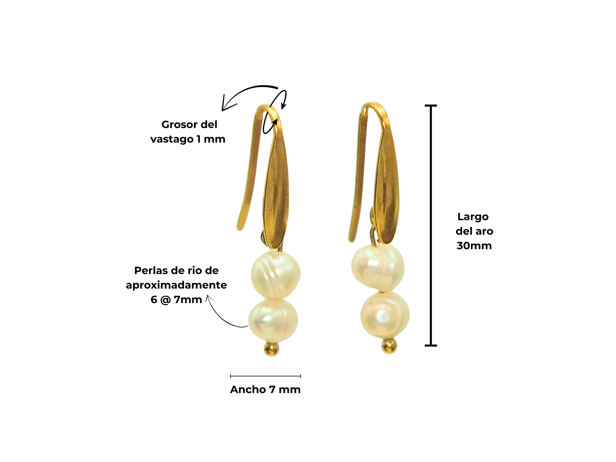 Aros Ula perlas de rio chapadas en oro 18k Riviere 4