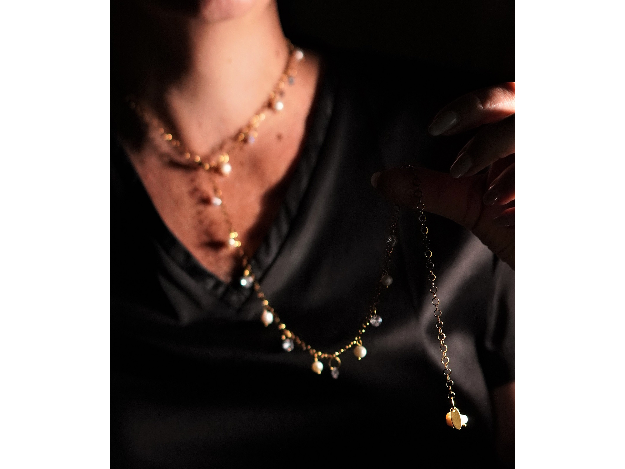 Collar largo 80cm ajustable Talasa zirconias y perlas chapado en oro Riviere 3