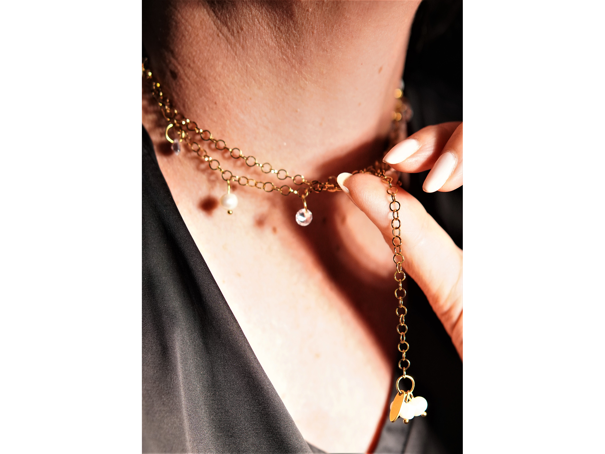 Collar largo 80cm ajustable Talasa zirconias y perlas chapado en oro Riviere 5