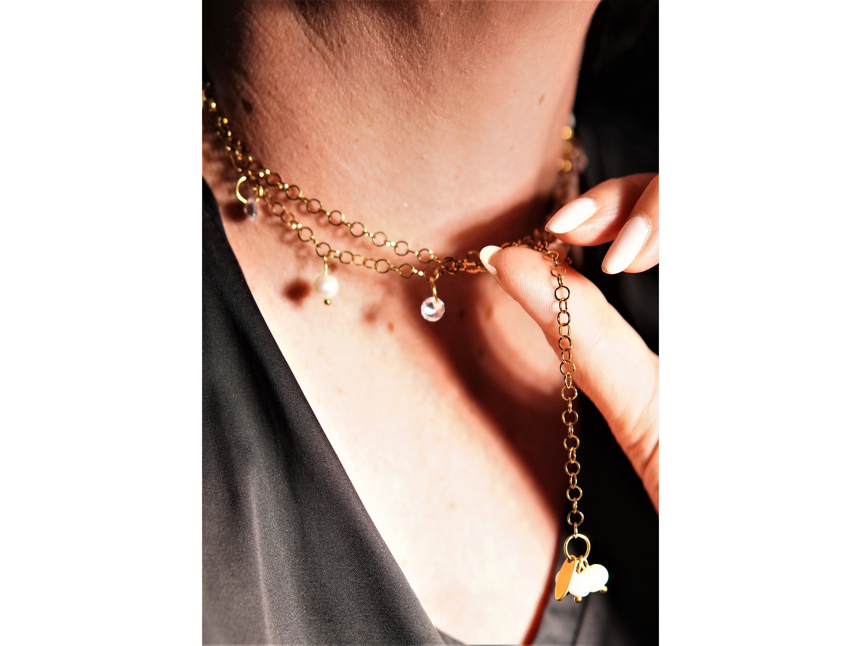 Collar largo 80cm ajustable Talasa zirconias y perlas chapado en oro Riviere 5