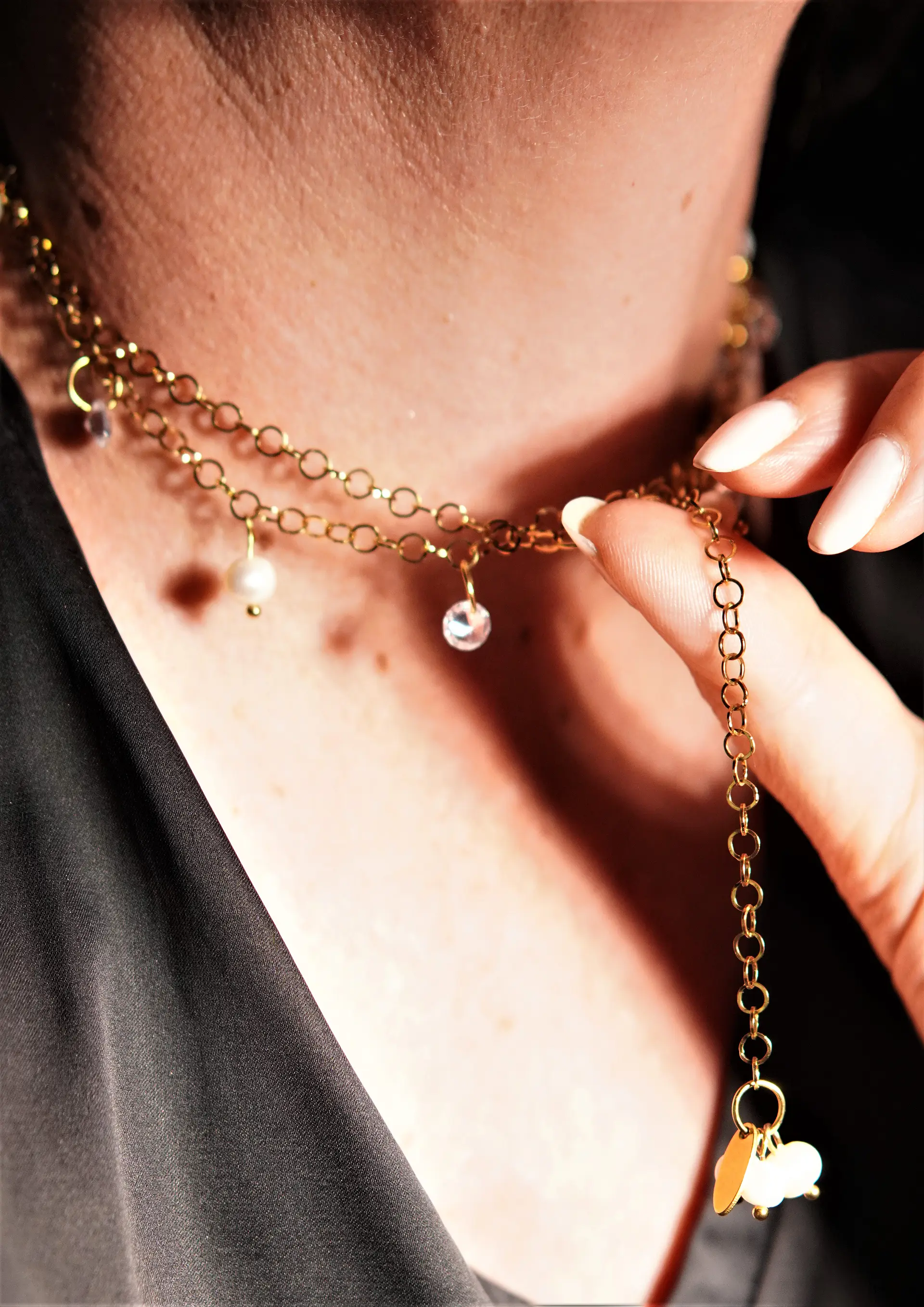 Collar largo 80cm ajustable Talasa zirconias y perlas chapado en oro Riviere 5