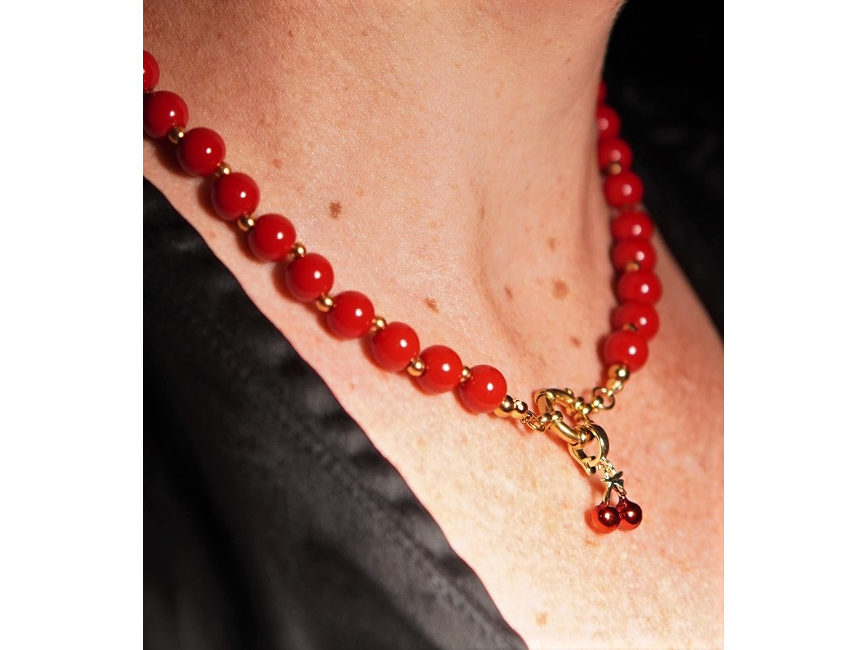 Gargantilla choker jade rojo natural chapado en oro 18k Terranova 8