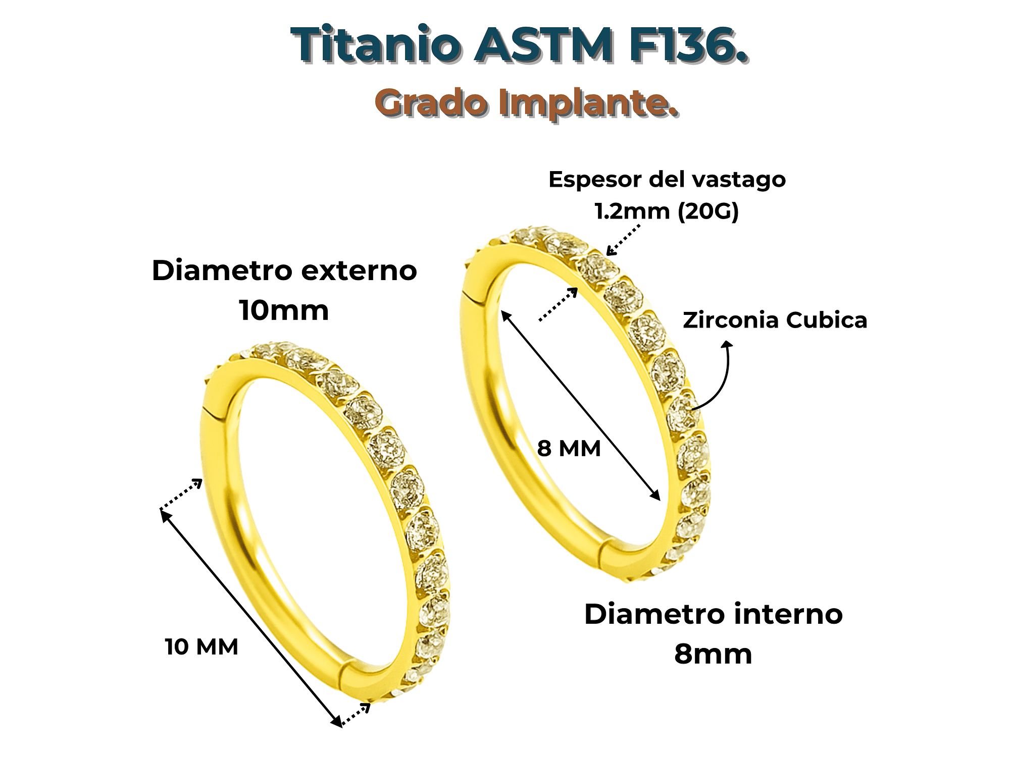 Argollas Huggies 8mm  16g Titanio F136 Zirconia Chapada Oro  4